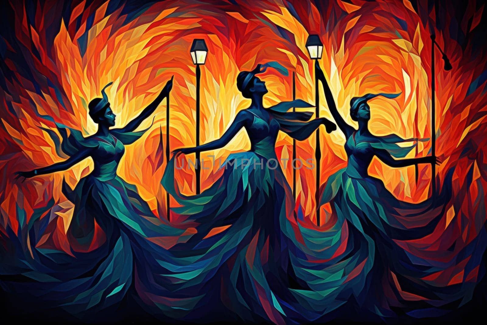 Within the realm of fantasy, elegant phoenix dancers grace the stage, their mesmerizing performances engulfed in flames.