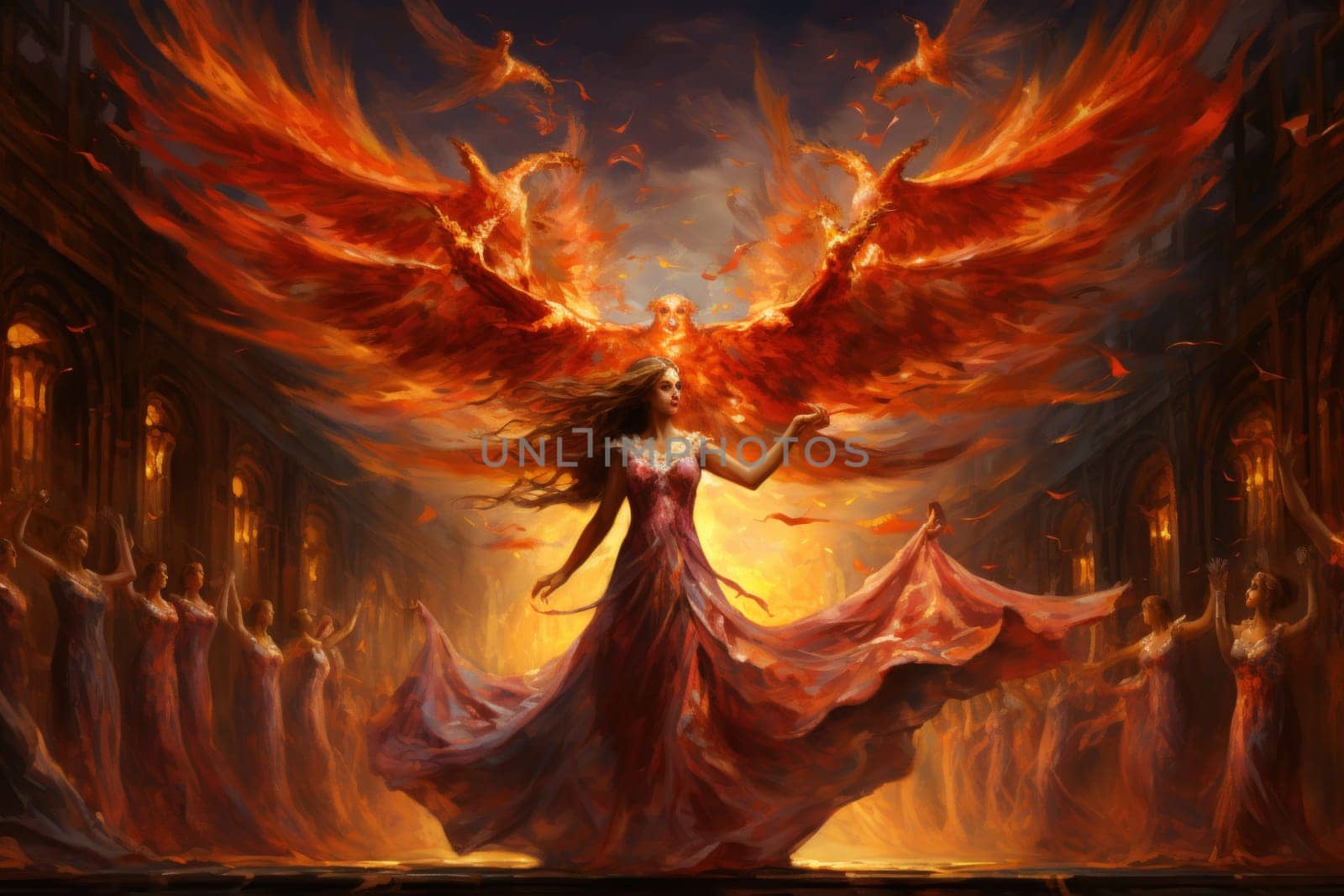 Within the realm of fantasy, elegant phoenix dancers grace the stage, their mesmerizing performances engulfed in flames.