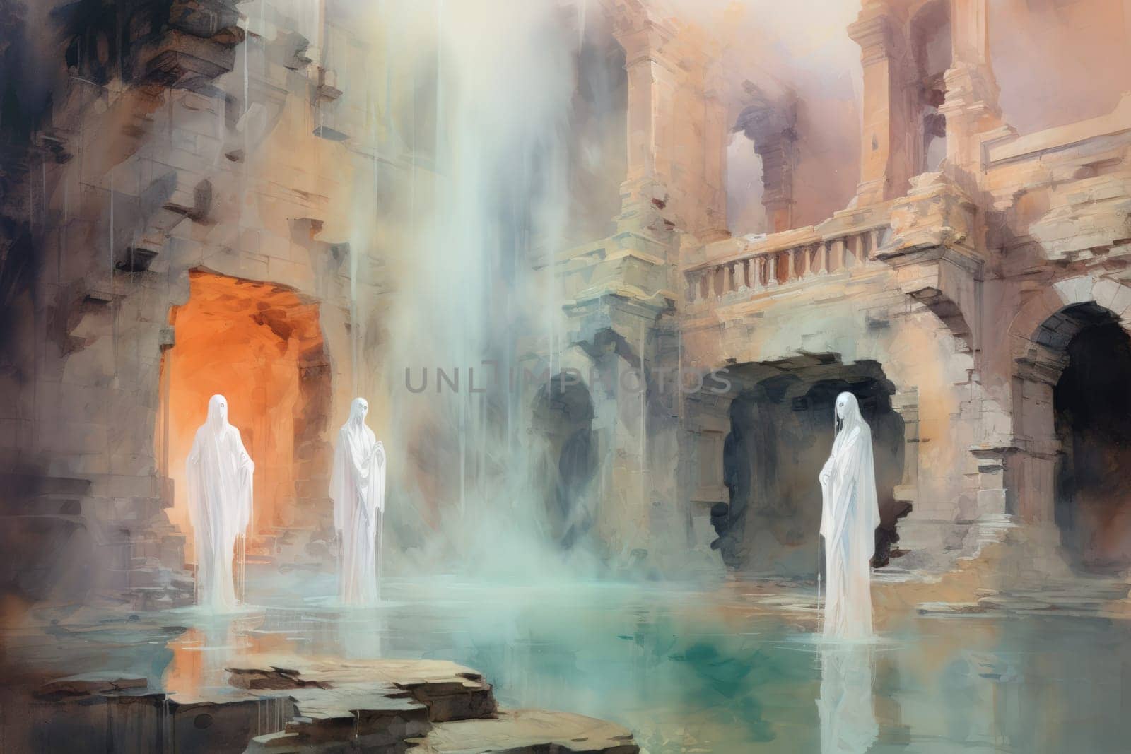 In the realm of fantasy, eerie and ethereal, ancient ruins and crumbling castles are shrouded in an unsettling atmosphere, haunted by ghostly apparitions.