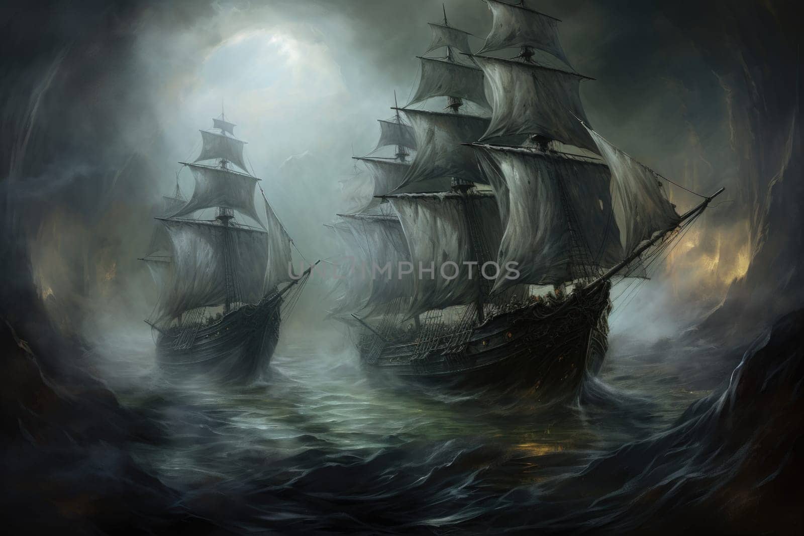 Embark on a haunting journey across the treacherous waters with this captivating illustration by a professional visual artist.