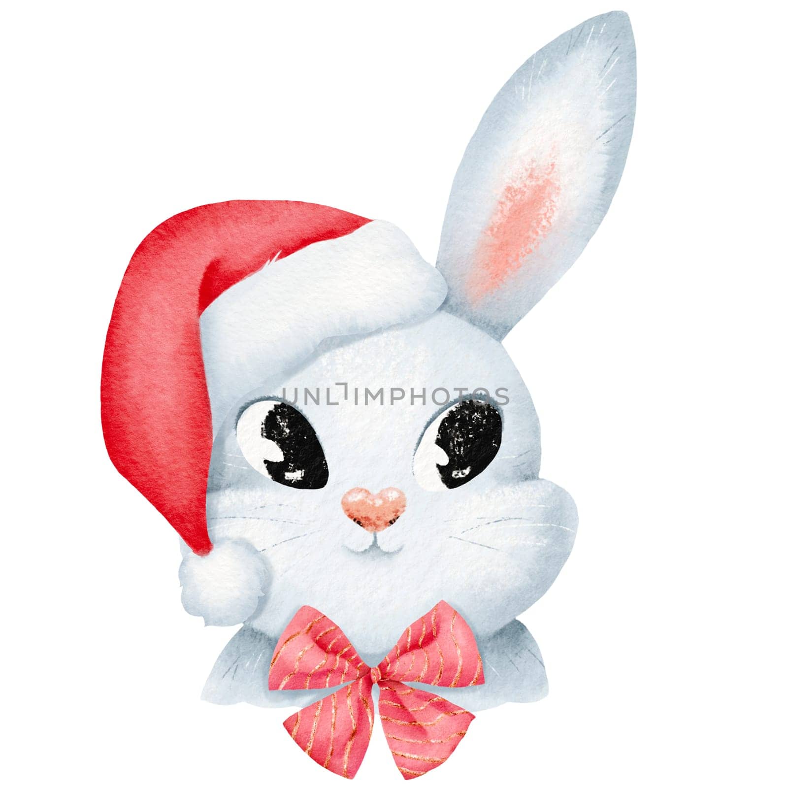 Christmas composition. Cute rabbit in a red Santa hat with a holiday bow. Cartoon rabbit portrait. For New Year's and Christmas cards, invites, stickers, design. Isolated watercolor illustration.