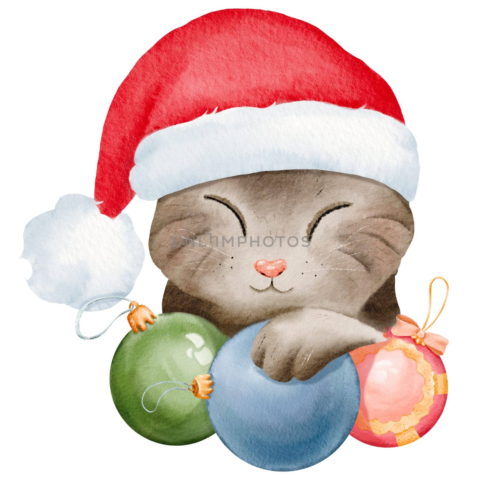 Cozy striped kitten in a Santa hat peacefully sleeps on Christmas ornaments. Cartoon cat portrait evokes a festive atmosphere. Perfect for cards, invites, posters, stickers. Watercolor illustration.