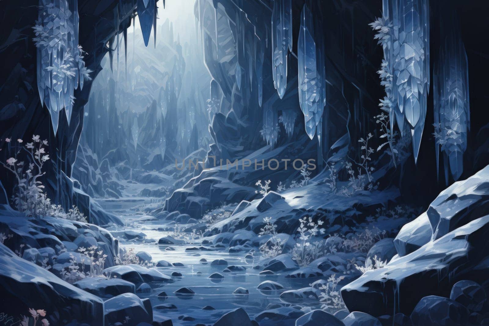 Deep within the realms of fantasy, mysterious icy caves hold untold treasures, guarded by glistening crystal golems.