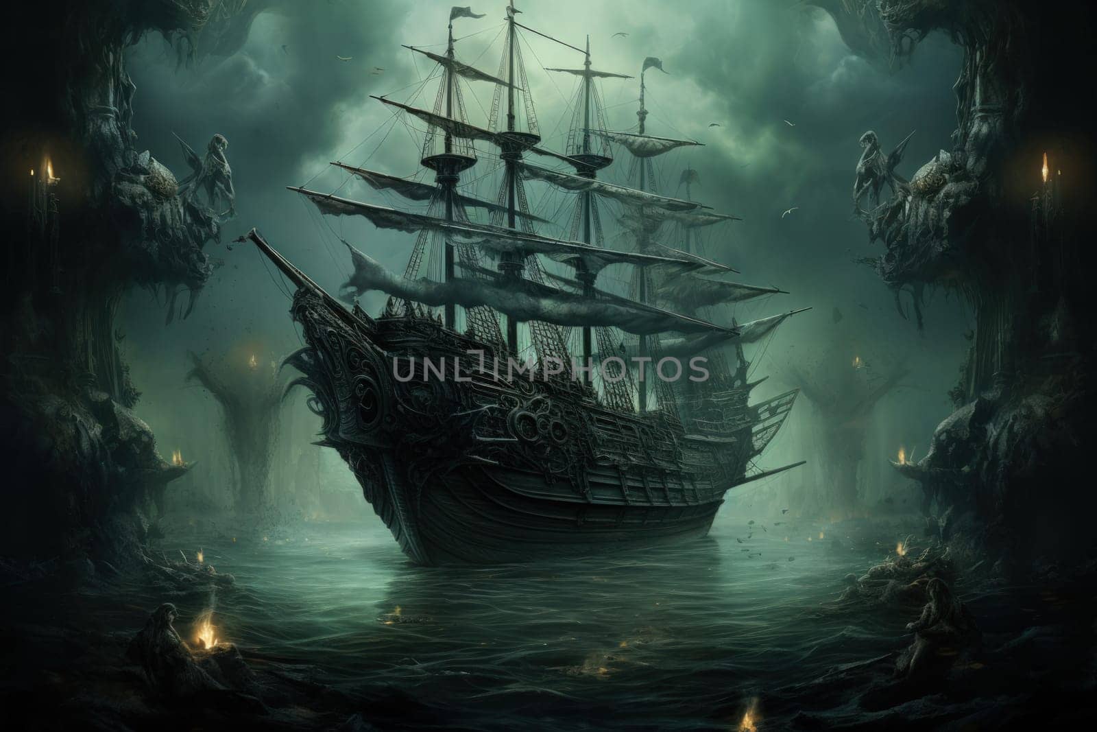 Embark on a haunting journey across the treacherous waters with this captivating illustration by a professional visual artist.