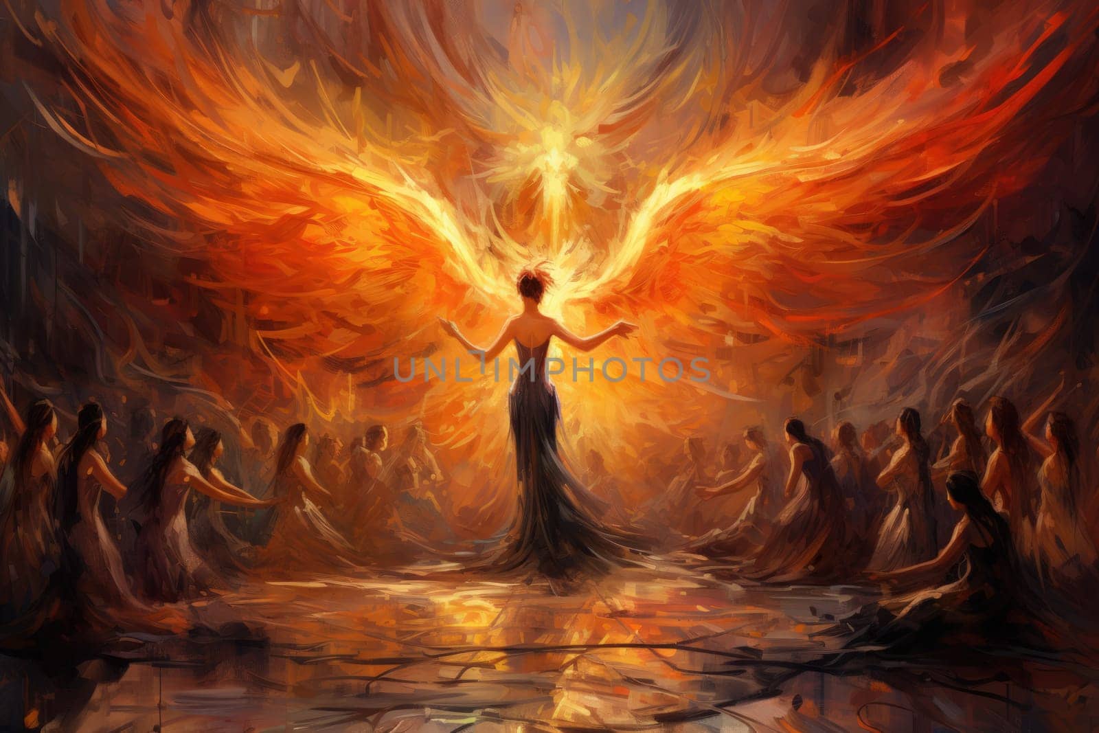 Within the realm of fantasy, elegant phoenix dancers grace the stage, their mesmerizing performances engulfed in flames.