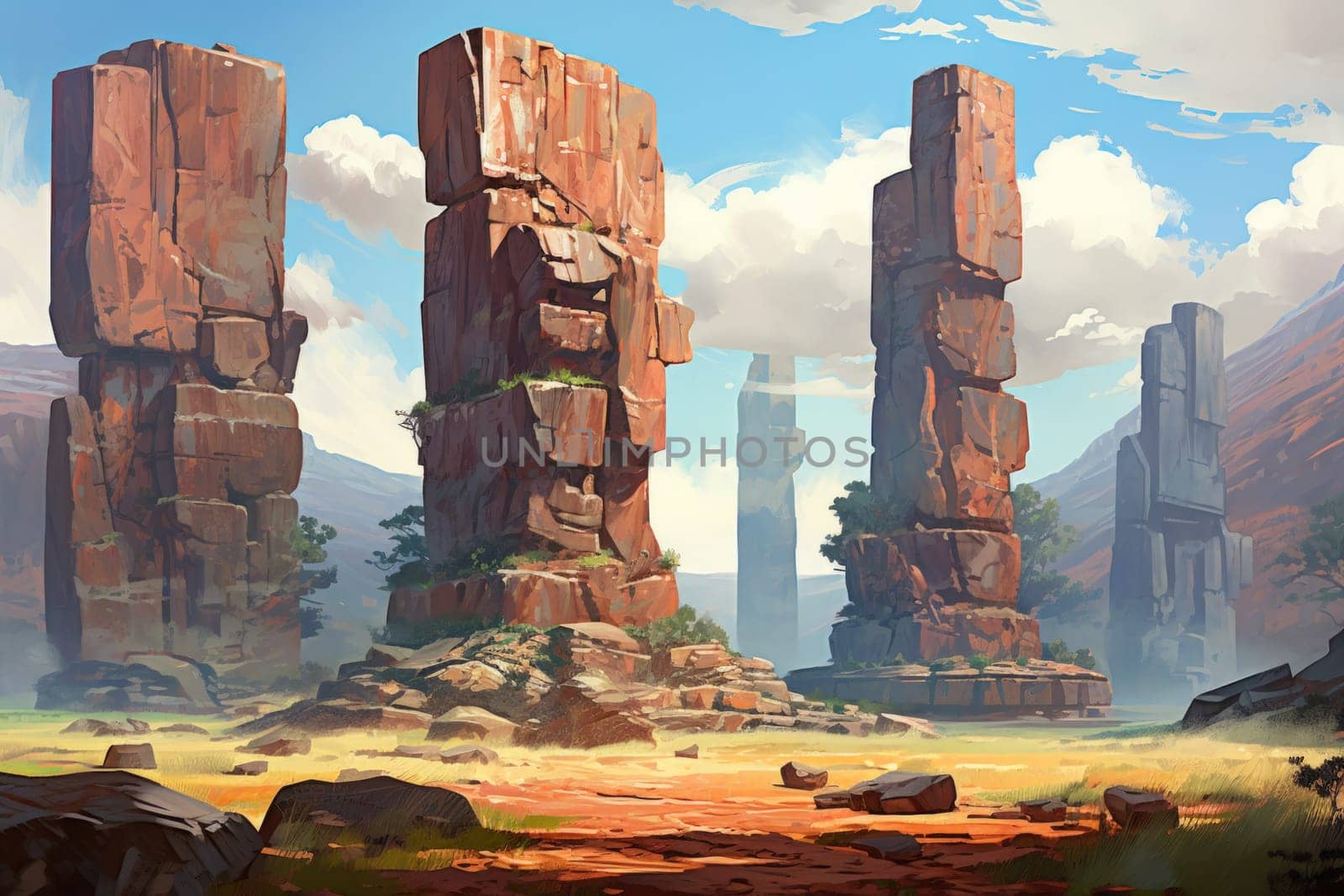 Behold the majestic marvels of the past - ancient stone colossi, towering giants hewn from the very bedrock itself.