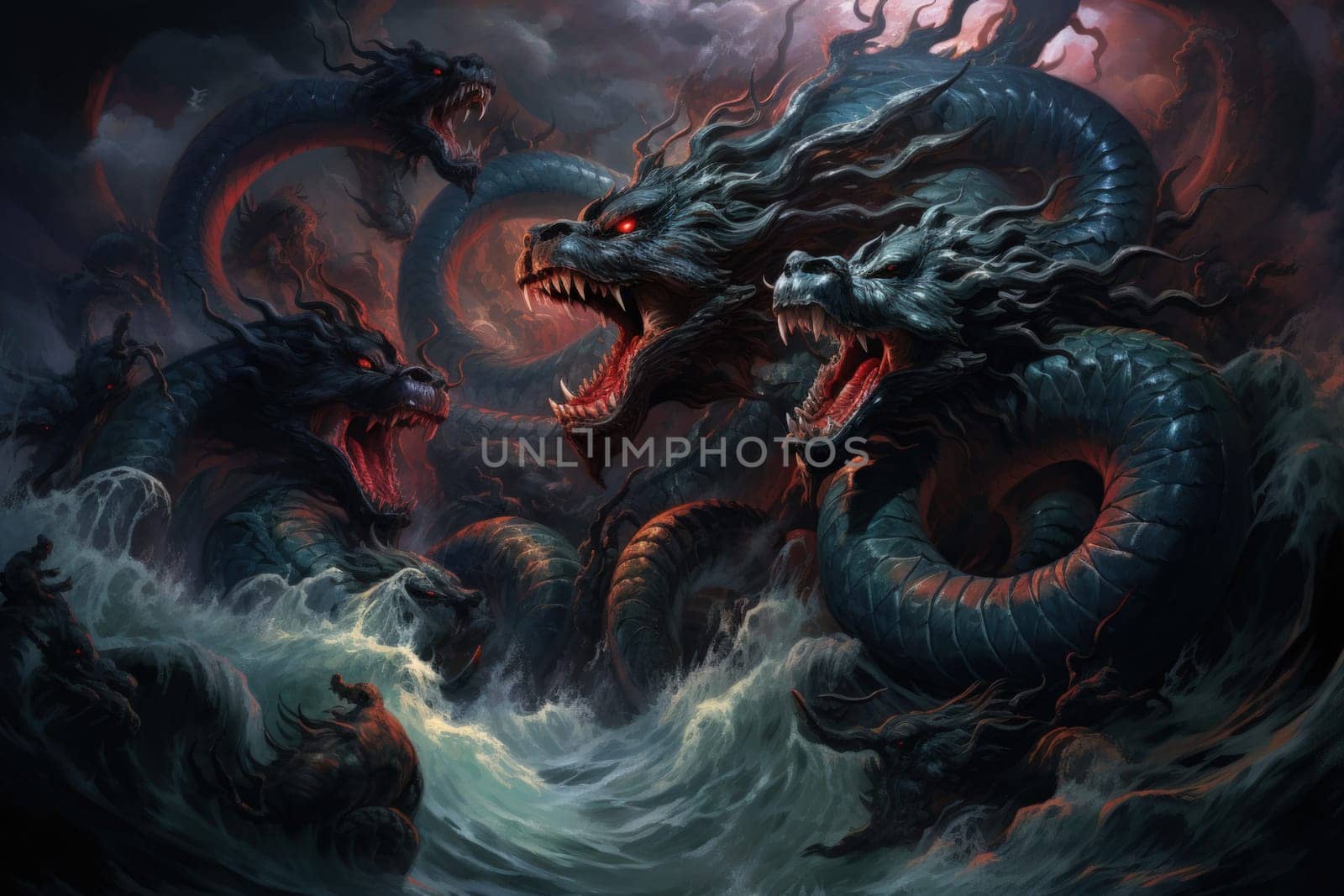 Dive into a fantastical realm where gigantic sea serpents, with their immense coils, slither through treacherous waters.