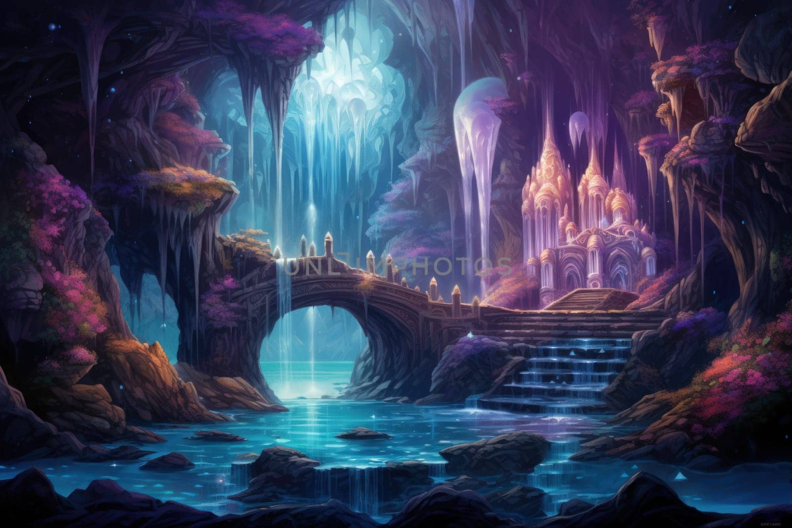 Enter a realm of enchantment where fantasy comes to life. Behold the mesmerizing sight of harmonious waterfalls adorned with radiant crystals.