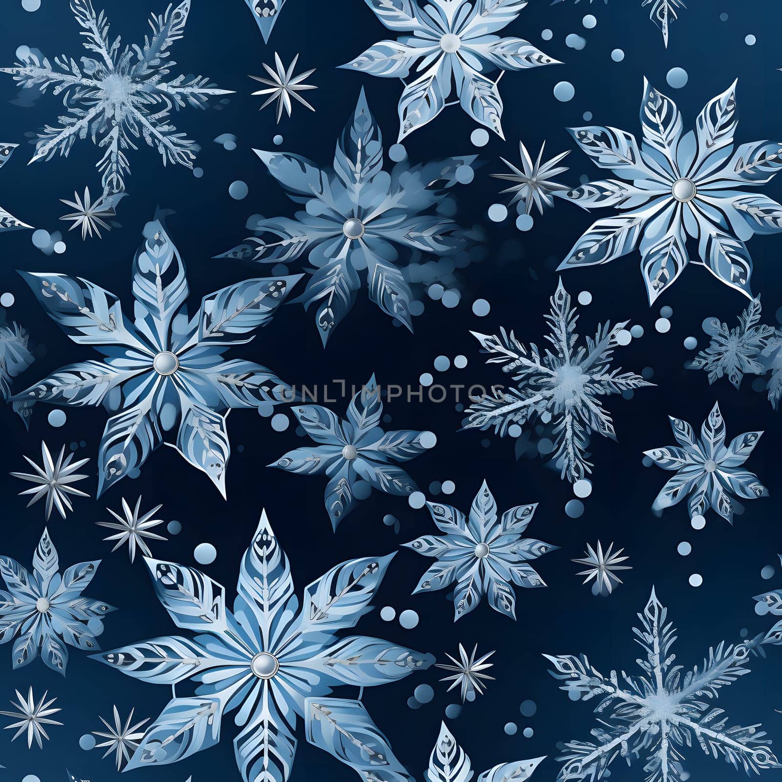 seamless pattern of snowflakes on dark blue background, neural network generated by z1b