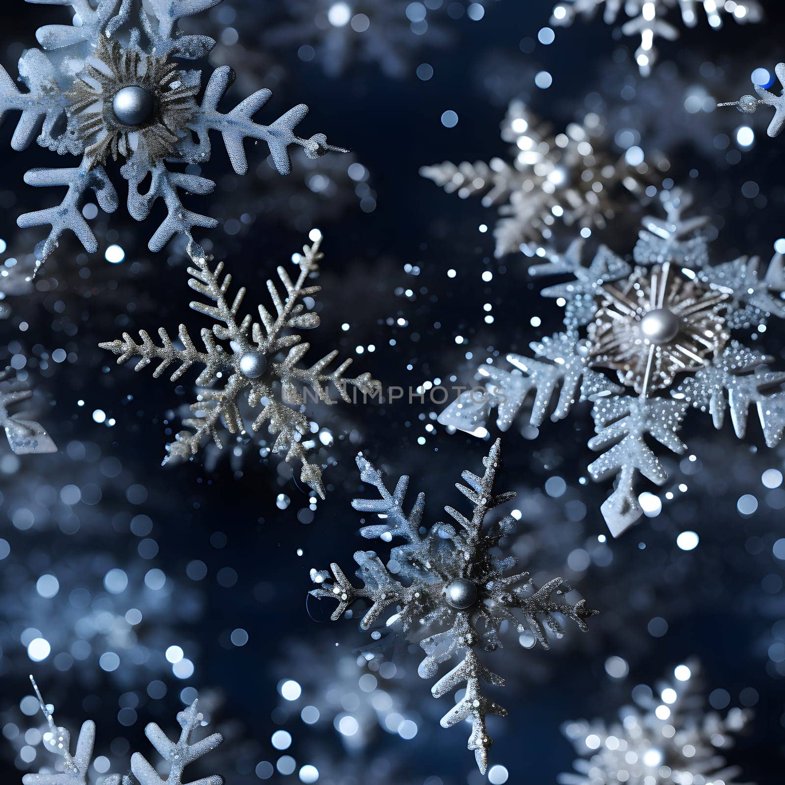 seamless pattern of snowflakes on dark blue background, neural network generated. Not based on any actual scene or pattern.