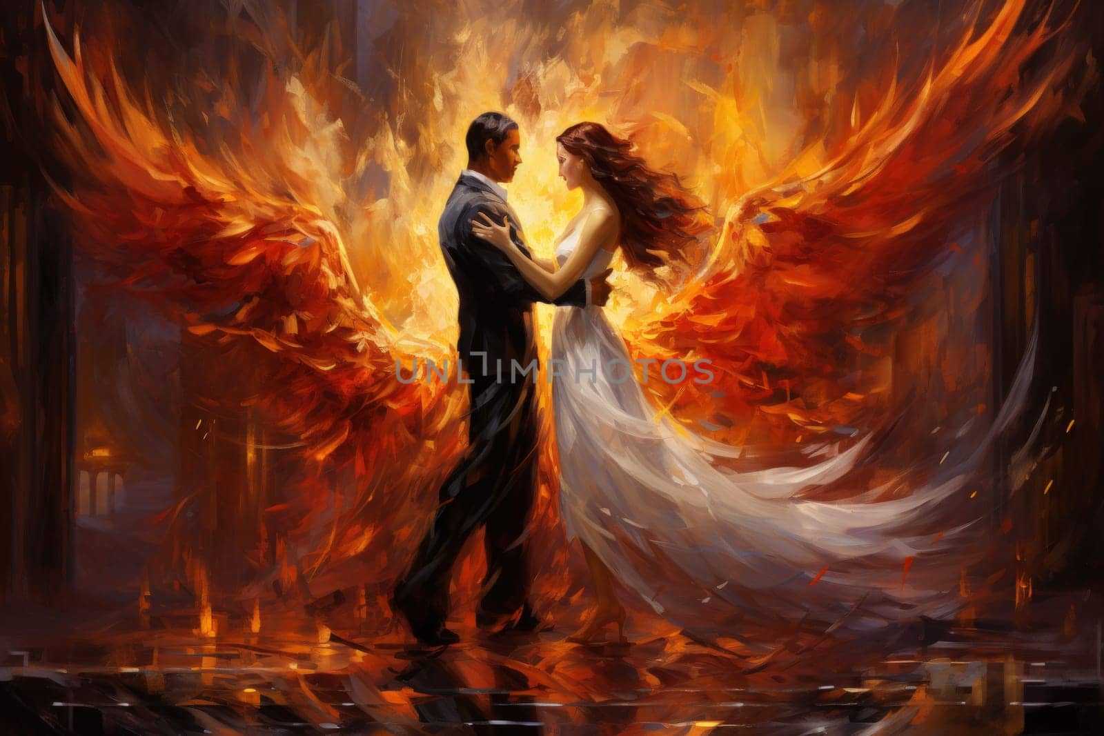 Within the realm of fantasy, elegant phoenix dancers grace the stage, their mesmerizing performances engulfed in flames.