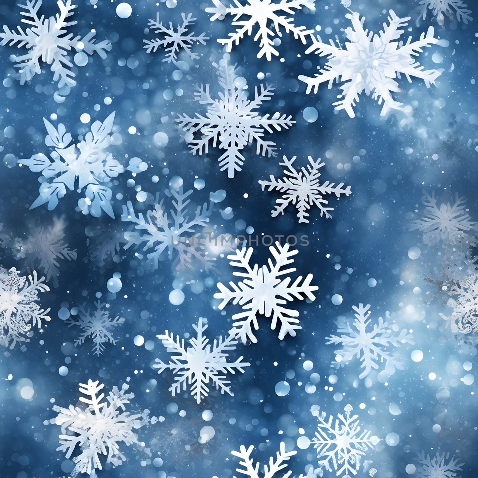 seamless pattern of snowflakes on dark blue background, neural network generated by z1b