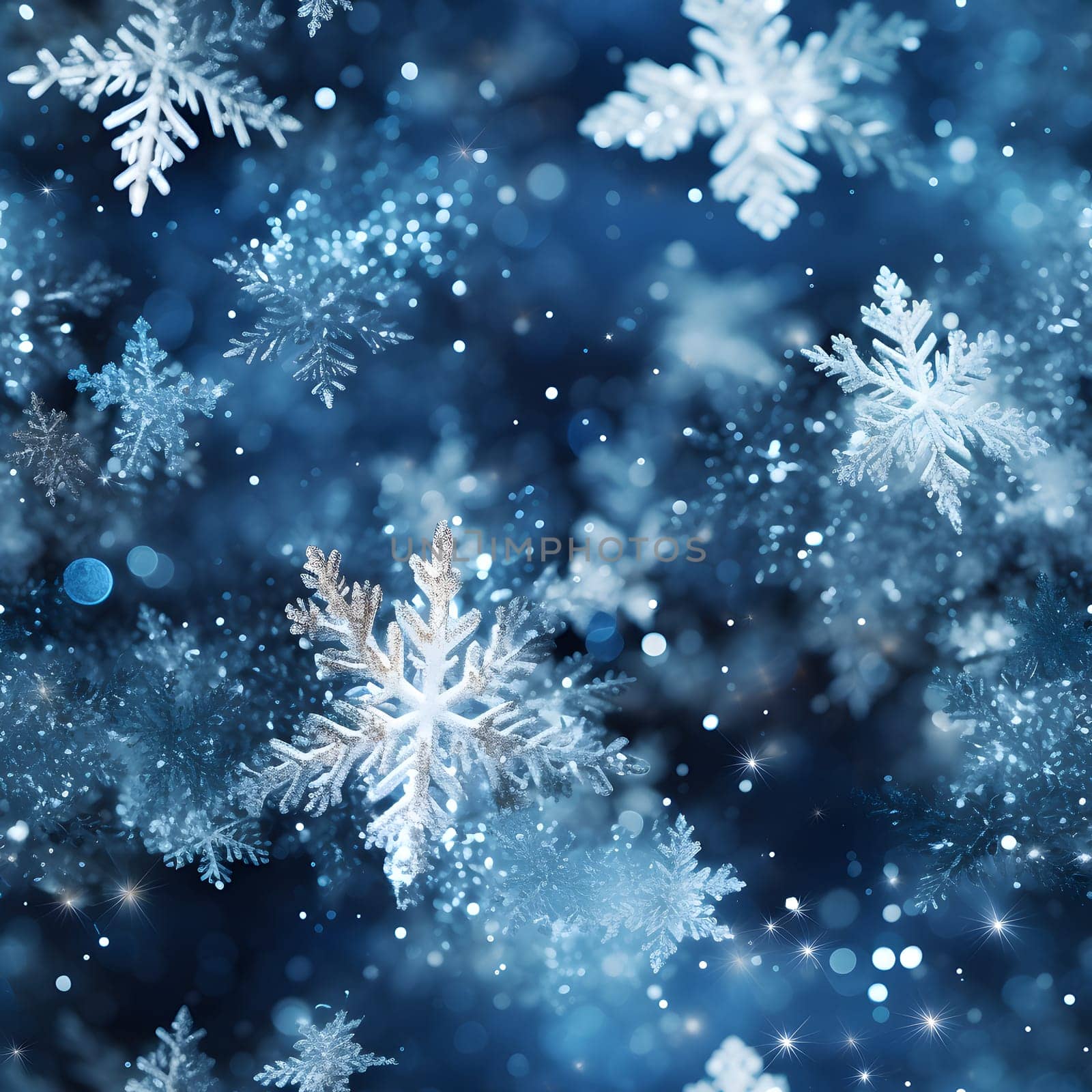 seamless pattern of snowflakes on dark blue background, neural network generated. Not based on any actual scene or pattern.