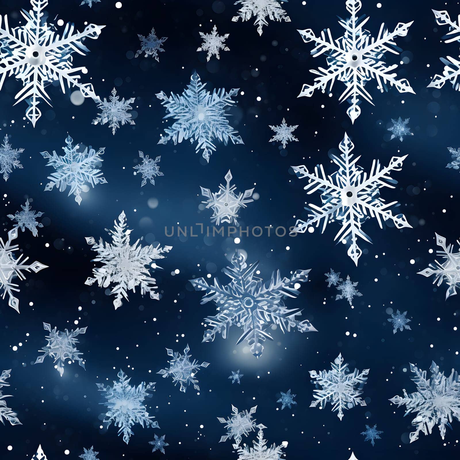seamless pattern of snowflakes on dark blue background, neural network generated. Not based on any actual scene or pattern.