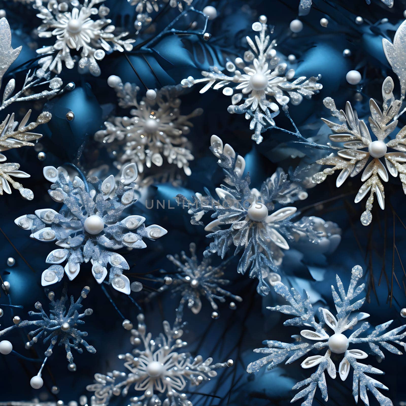 seamless pattern of snowflakes on dark blue background, neural network generated by z1b