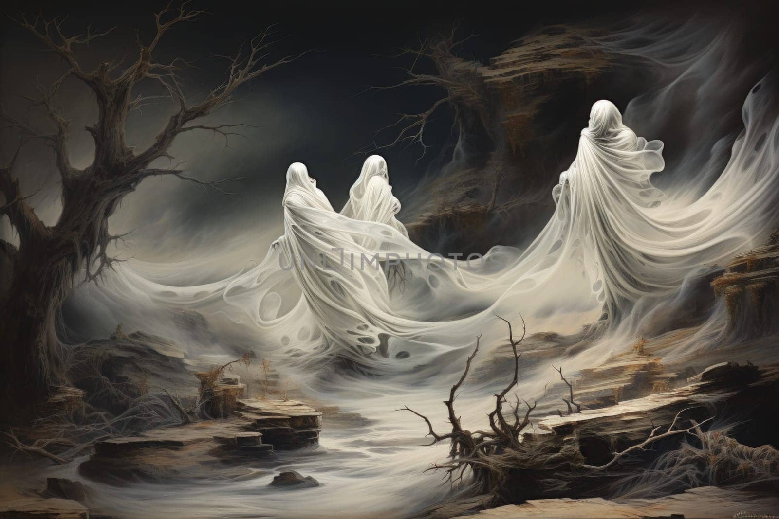 In the realm of fantasy, haunting ghostly apparitions are ethereal beings that exist between the world of the living and the realm of the dead.