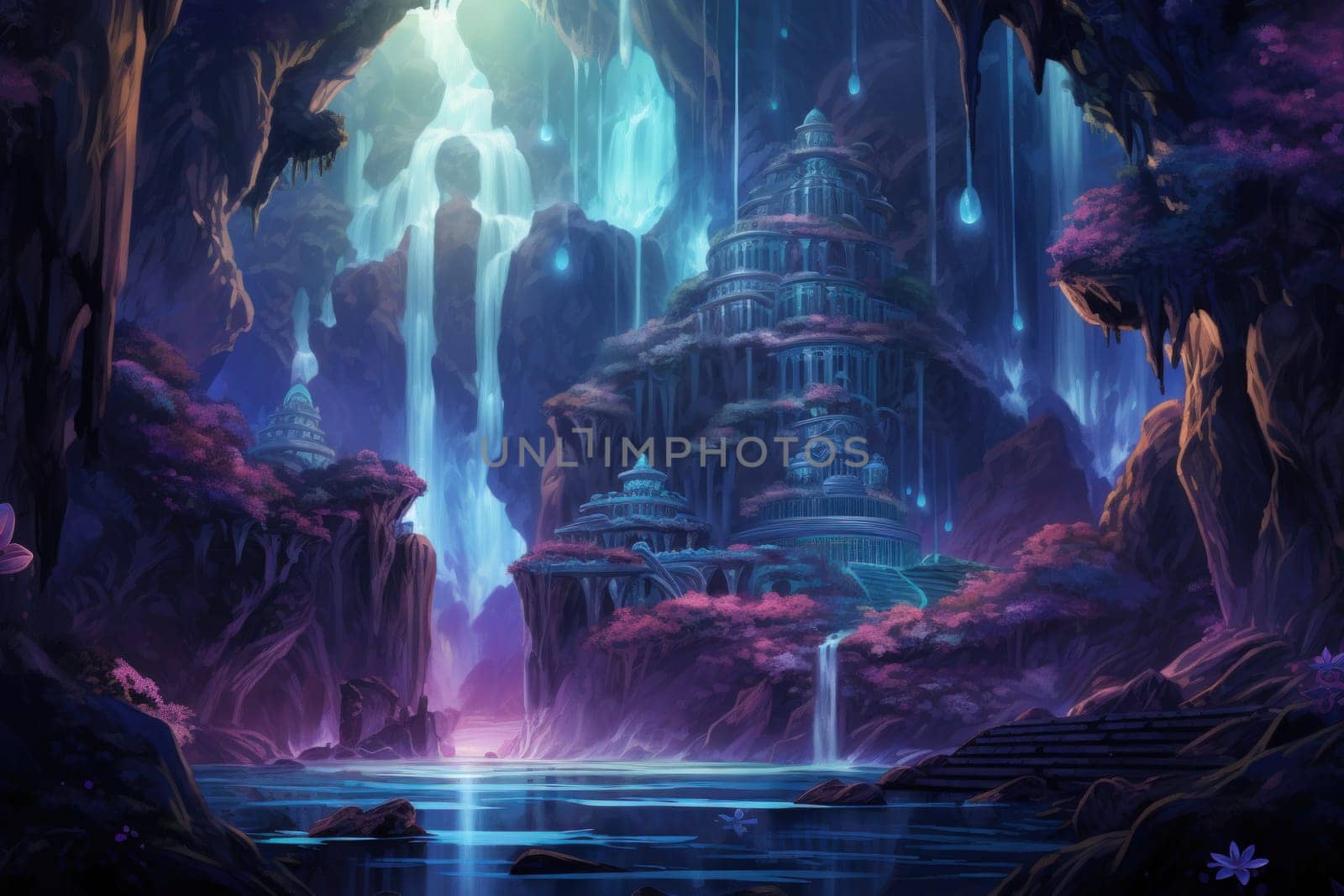 Enter a realm of enchantment where fantasy comes to life. Behold the mesmerizing sight of harmonious waterfalls adorned with radiant crystals.