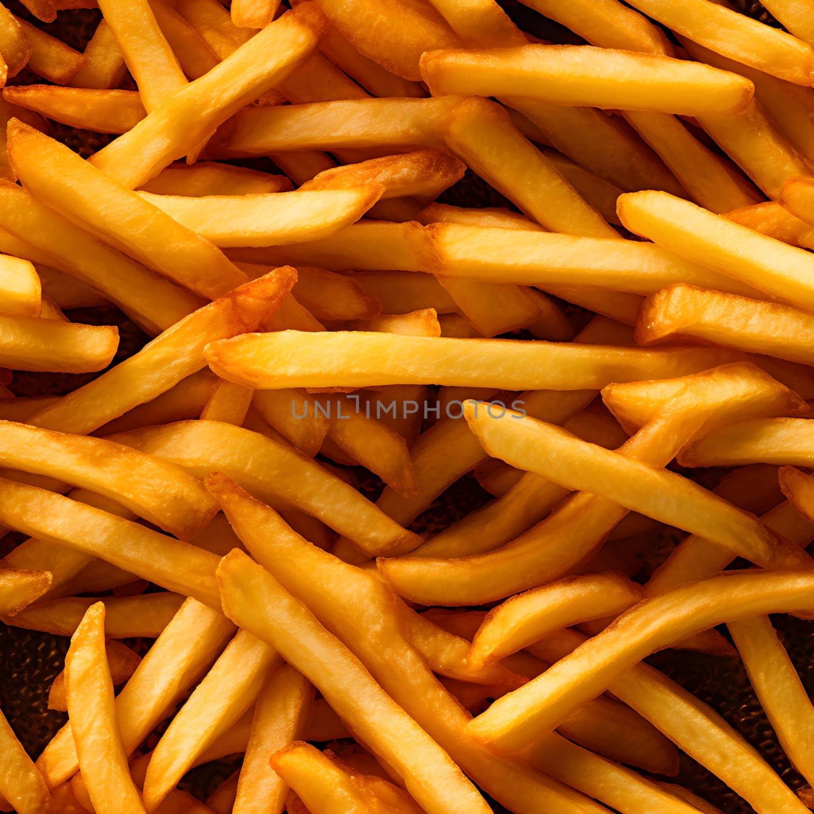 seamless texture and full-frame background of piled French fries, neural network generated image. Not based on any actual scene or pattern.