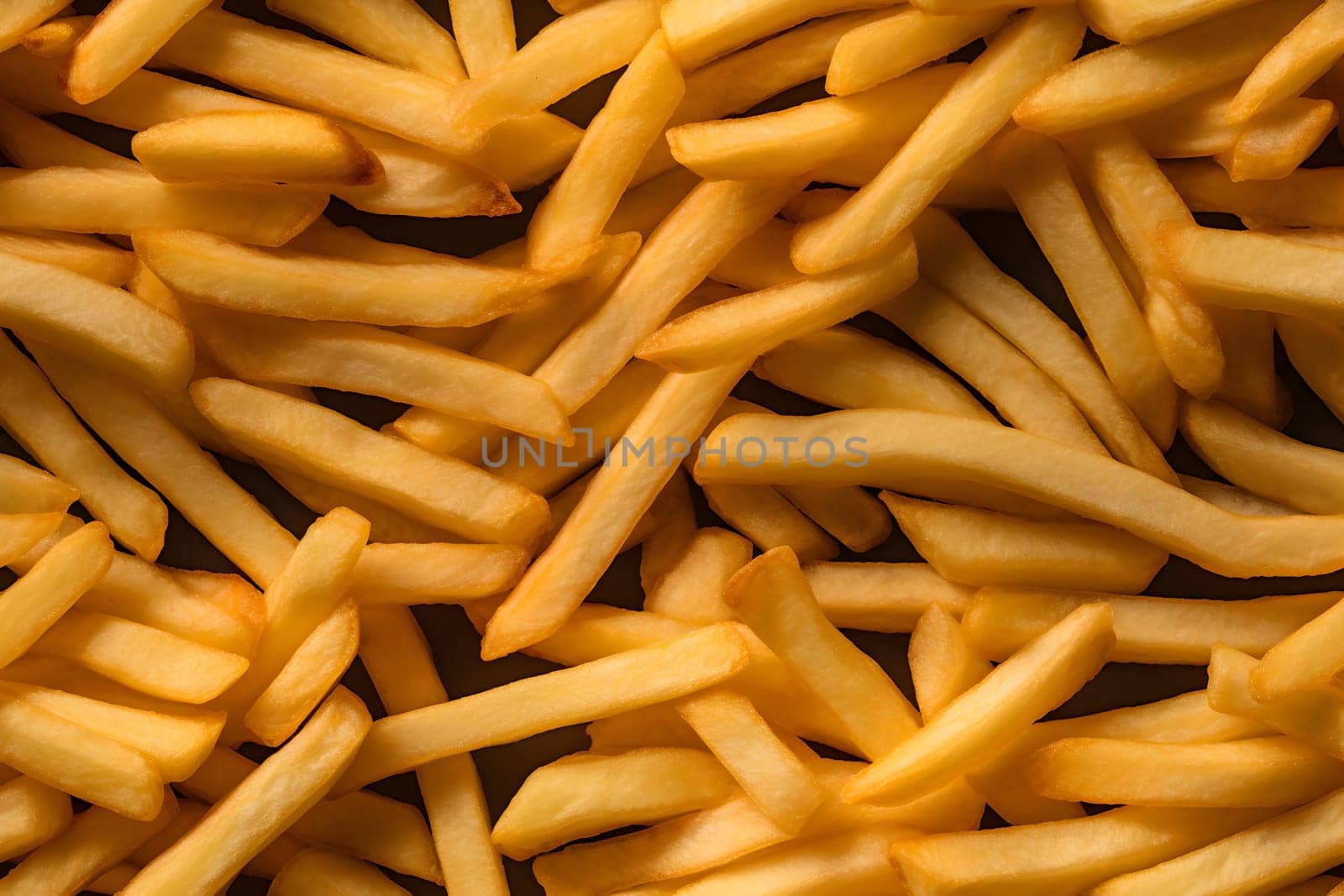 seamless texture and full-frame background of piled French fries, neural network generated image. Not based on any actual scene or pattern.