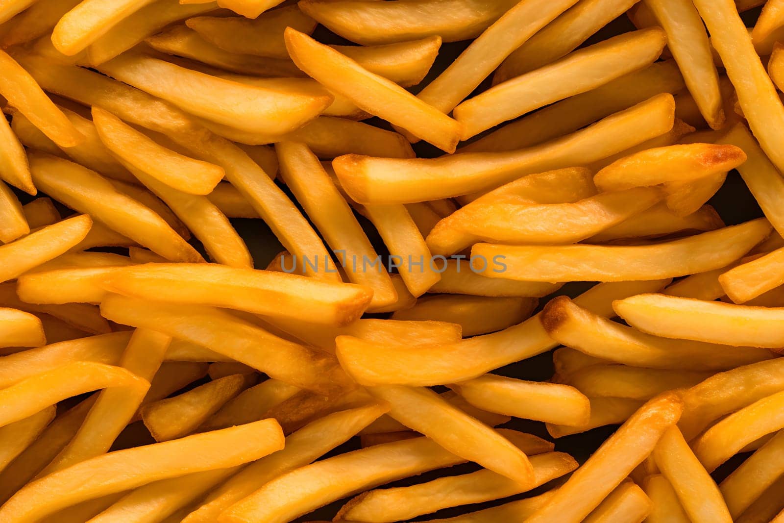 seamless texture and full-frame background of piled French fries, neural network generated image. Not based on any actual scene or pattern.