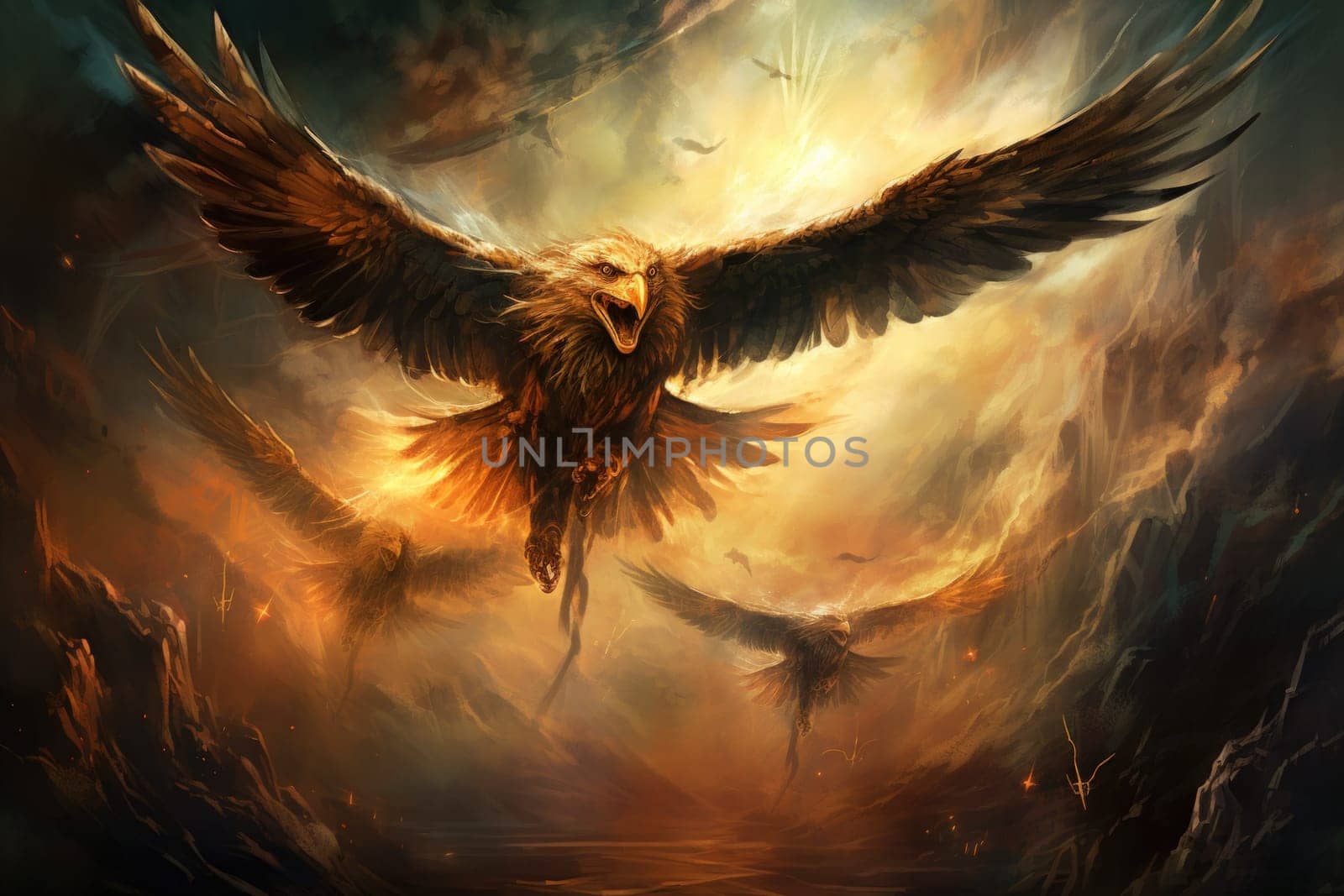 In the realm of fantasy, the skies are home to ferocious thunder hawks, majestic creatures that command the elements.