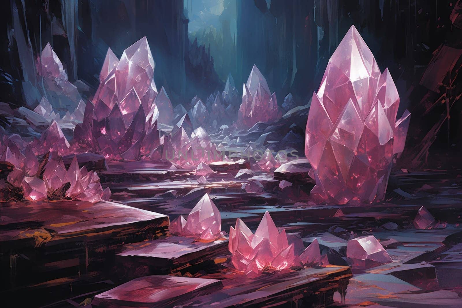 Deep within the realms of fantasy, mysterious icy caves hold untold treasures, guarded by glistening crystal golems.