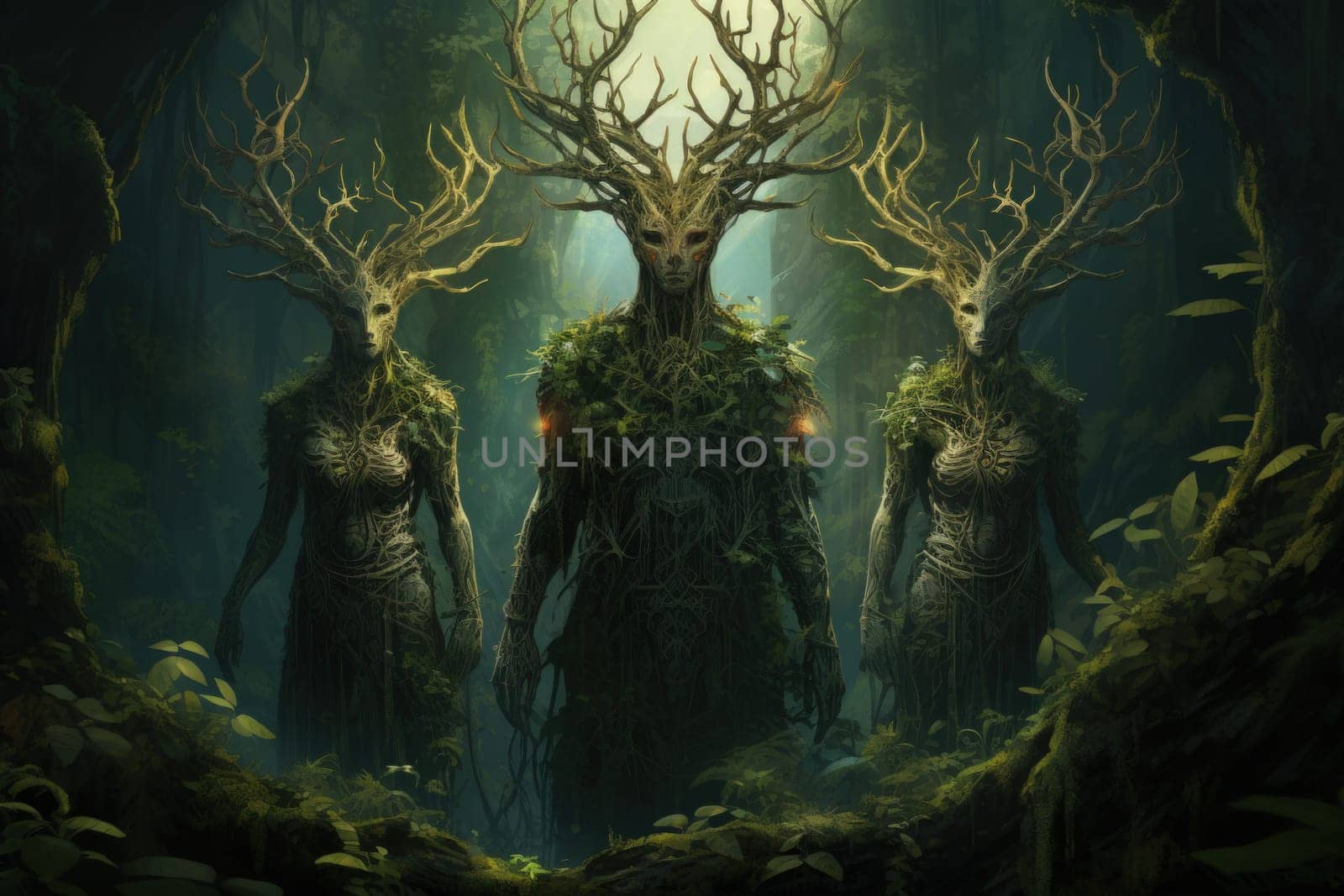 Deep within the mystical woodland realms of fantasy, ancient forest spirits stand as silent sentinels, their ethereal presence a testament to the wisdom and magic of the natural world.