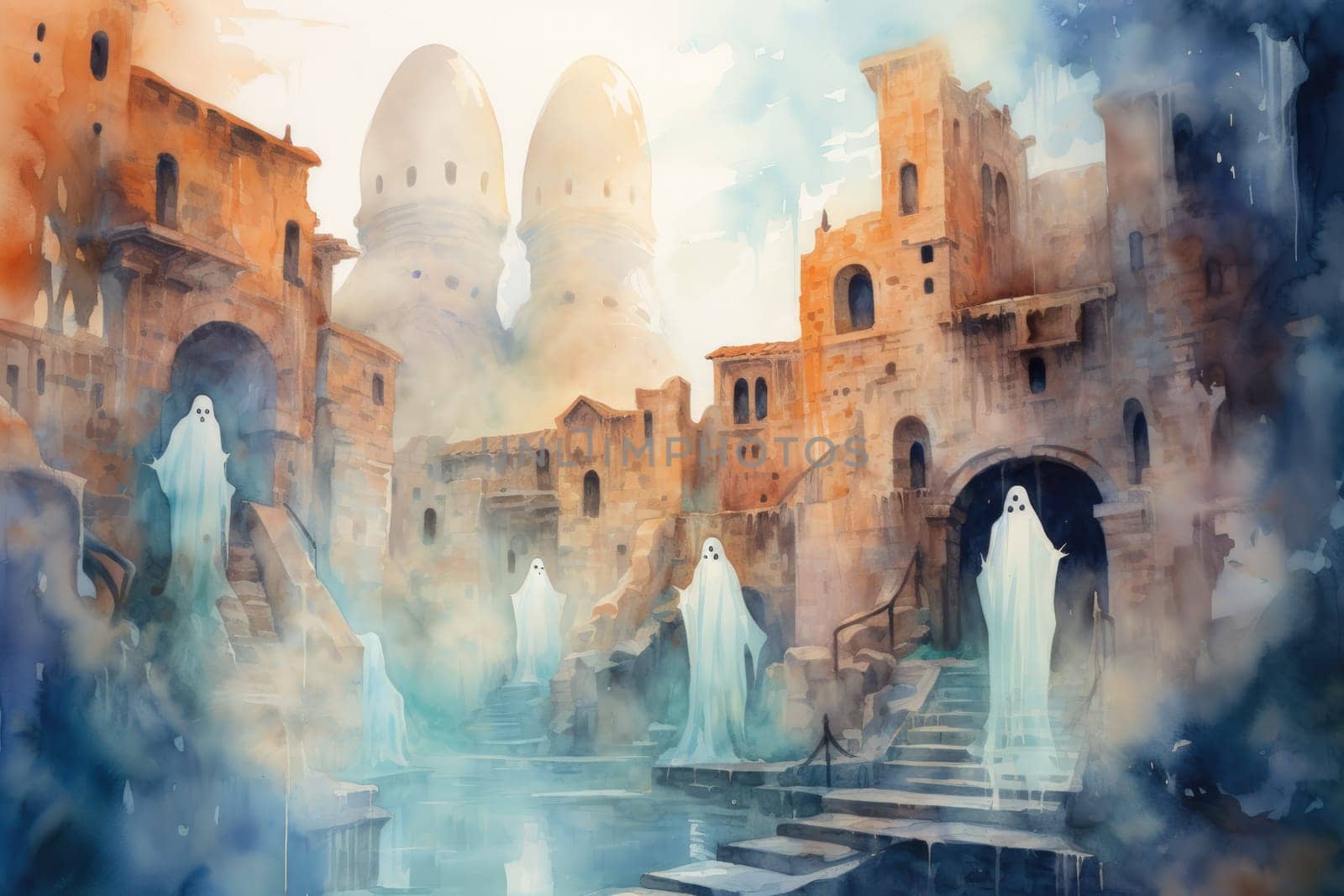 In the realm of fantasy, eerie and ethereal, ancient ruins and crumbling castles are shrouded in an unsettling atmosphere, haunted by ghostly apparitions.