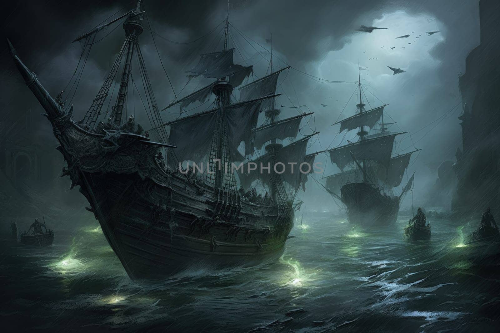 Embark on a haunting journey across the treacherous waters with this captivating illustration by a professional visual artist.