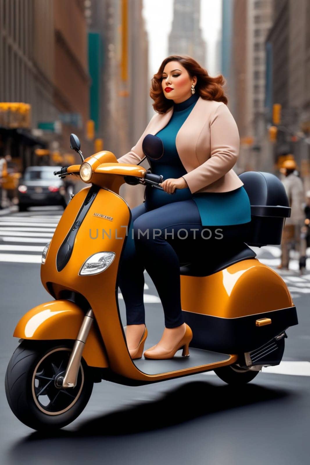 curvy elegant empowered business woman driving electric scooter in downtown illustration by verbano