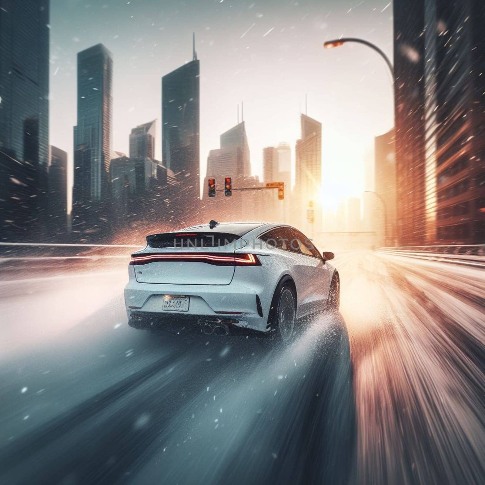 electric car ev go fast in winter time in the city , hoon, snows, fishtail, sunbeam, at sunset by verbano
