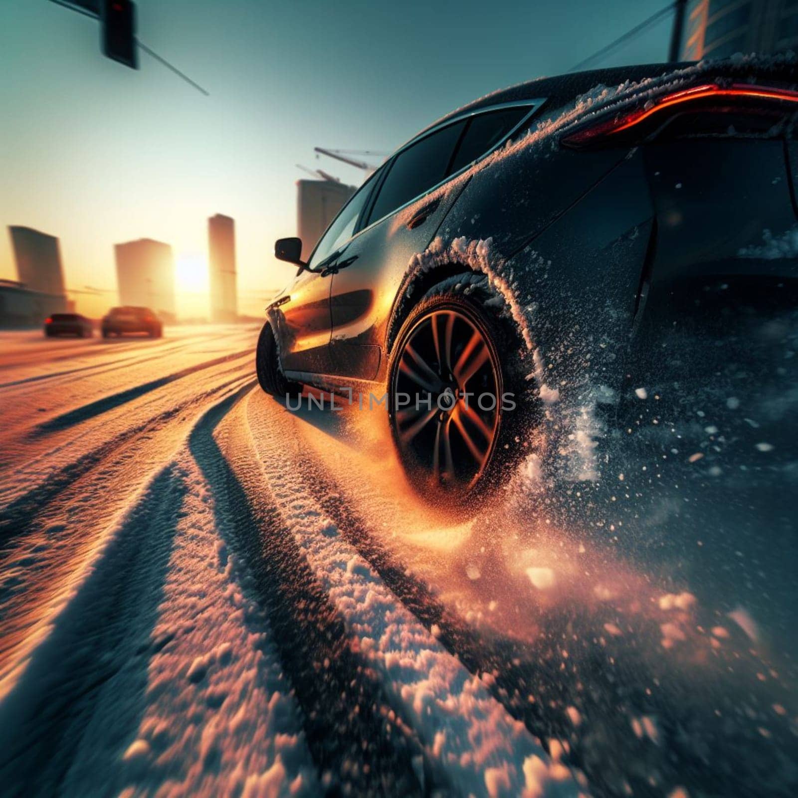 electric car ev go fast in winter time in the city , hoon, snows, fishtail, sunbeam, at sunset by verbano