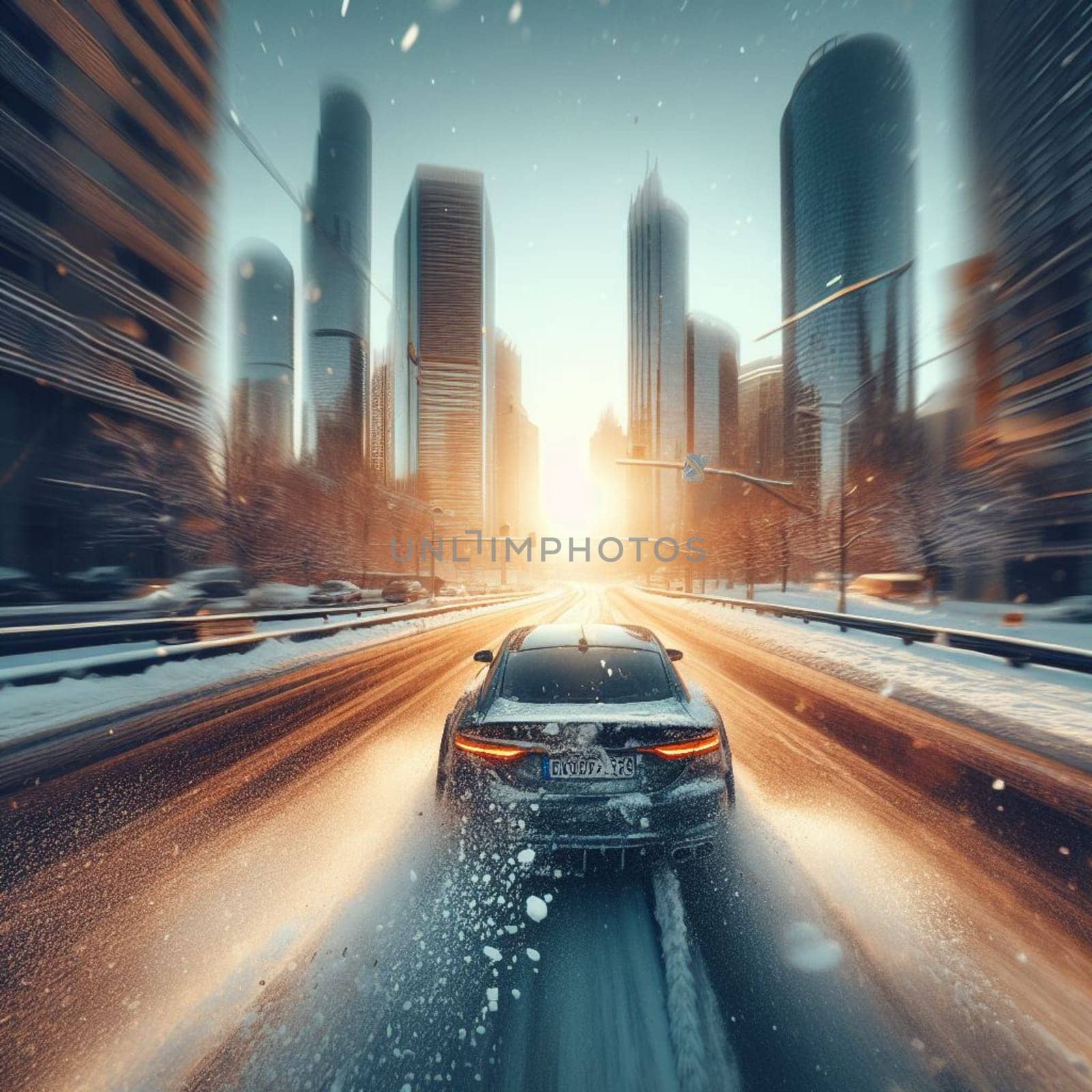 electric car ev go fast in winter time in the city , hoon, snows, fishtail, sunbeam, at sunset by verbano