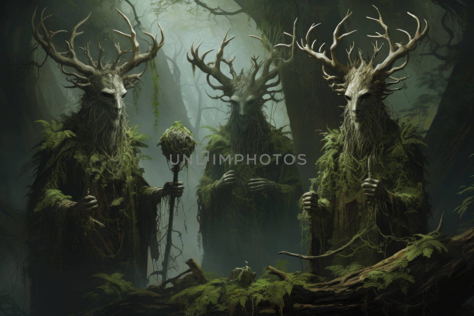 Deep within the mystical woodland realms of fantasy, ancient forest spirits stand as silent sentinels, their ethereal presence a testament to the wisdom and magic of the natural world.