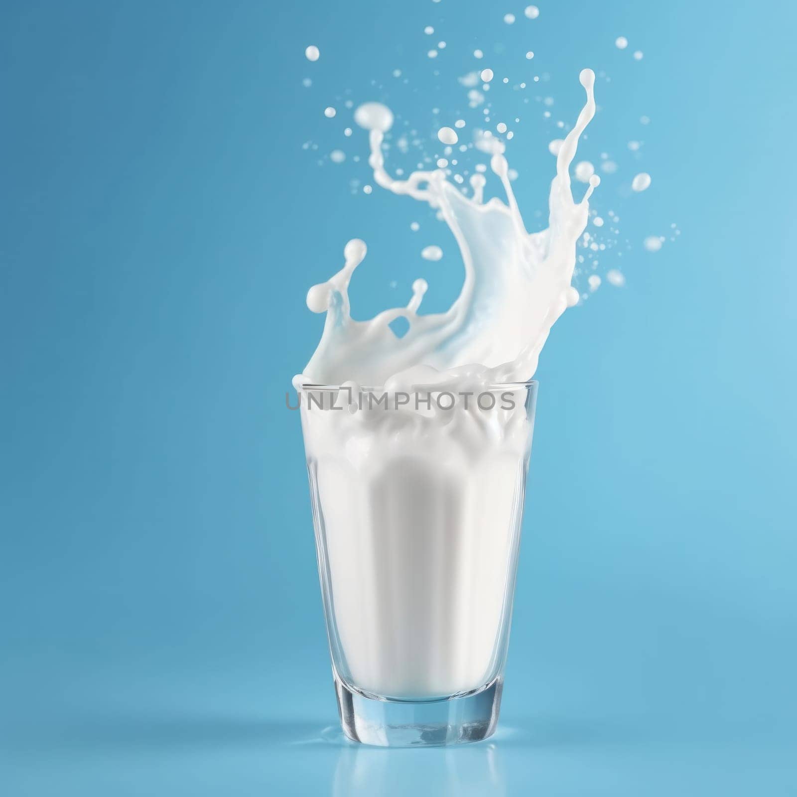 Milk splashing on a blue surface with artistic droplets by Sorapop