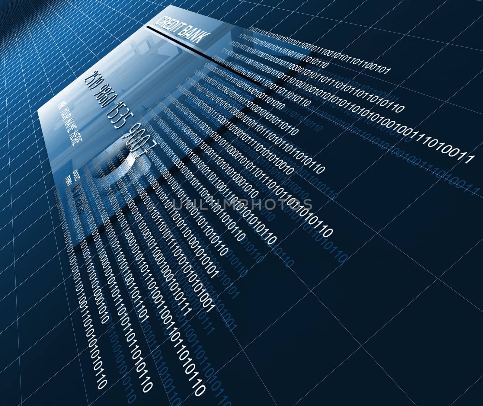 render 3d of classic credit card and binaty code