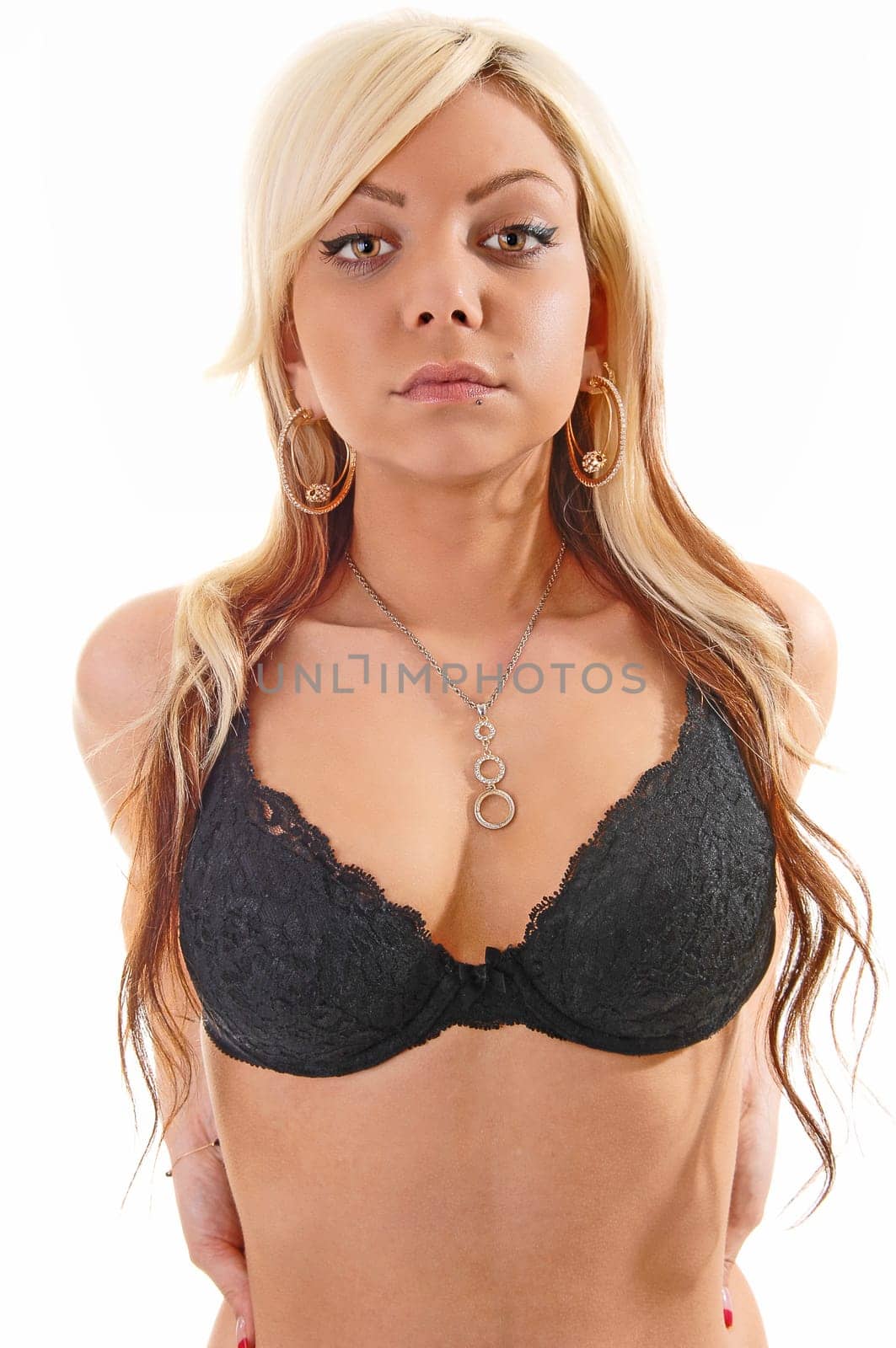Girl in black bra.
