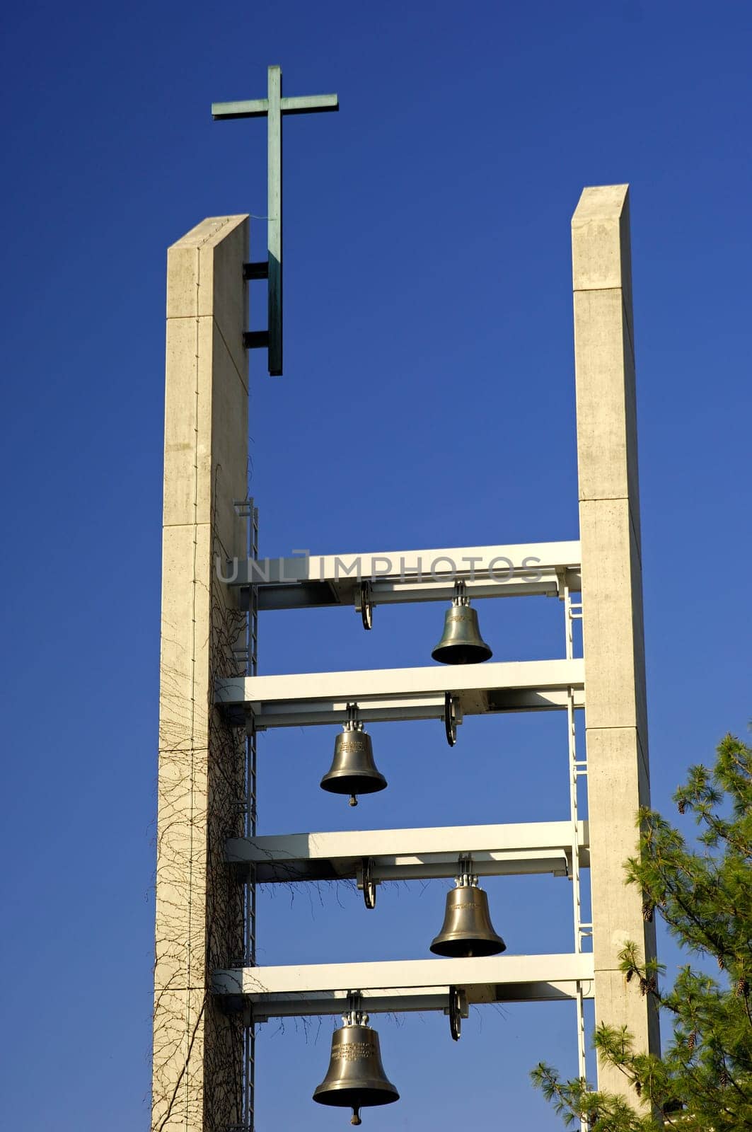 Open belfry with bells of a modern church