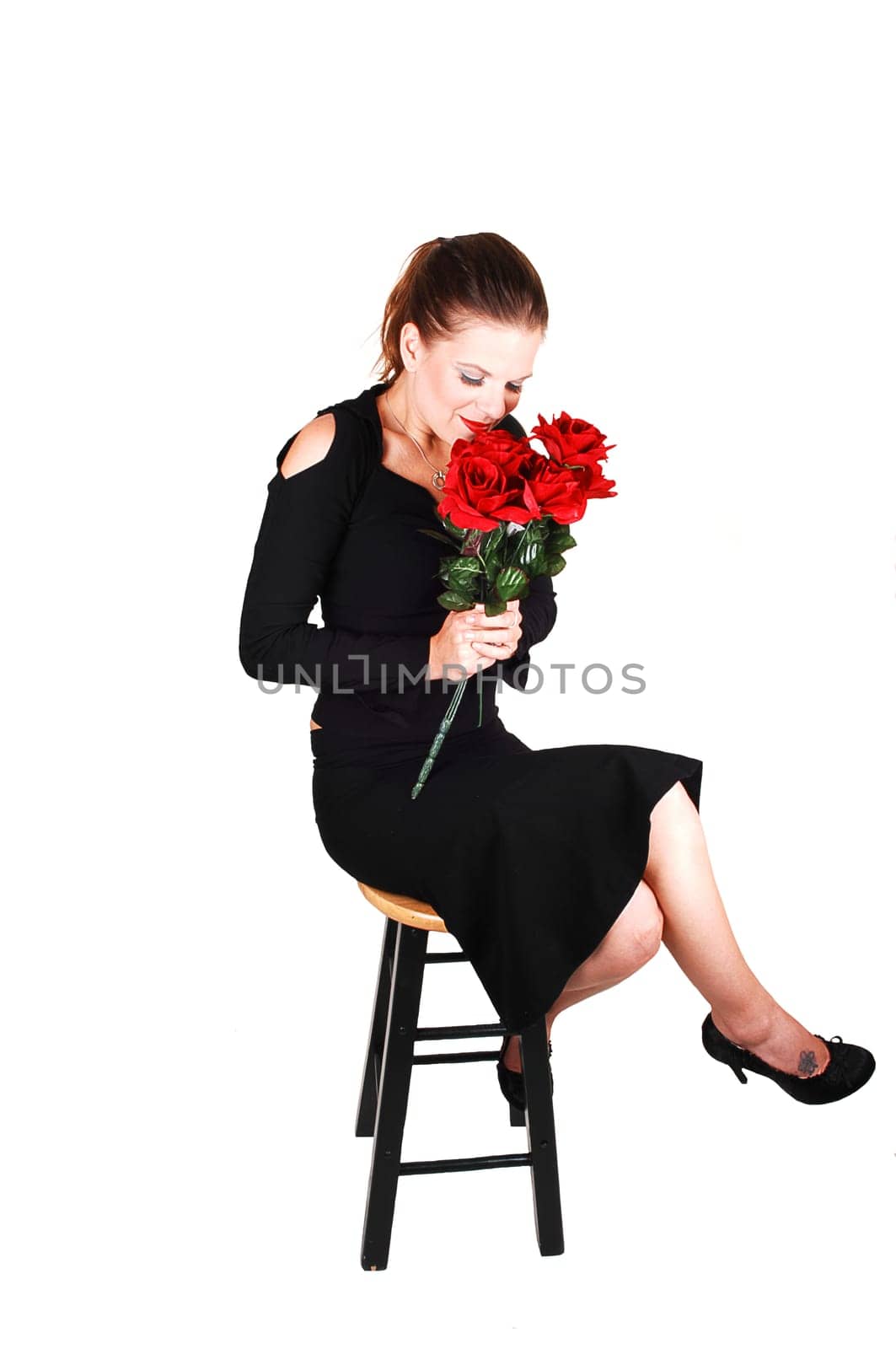 Lady with red roses.