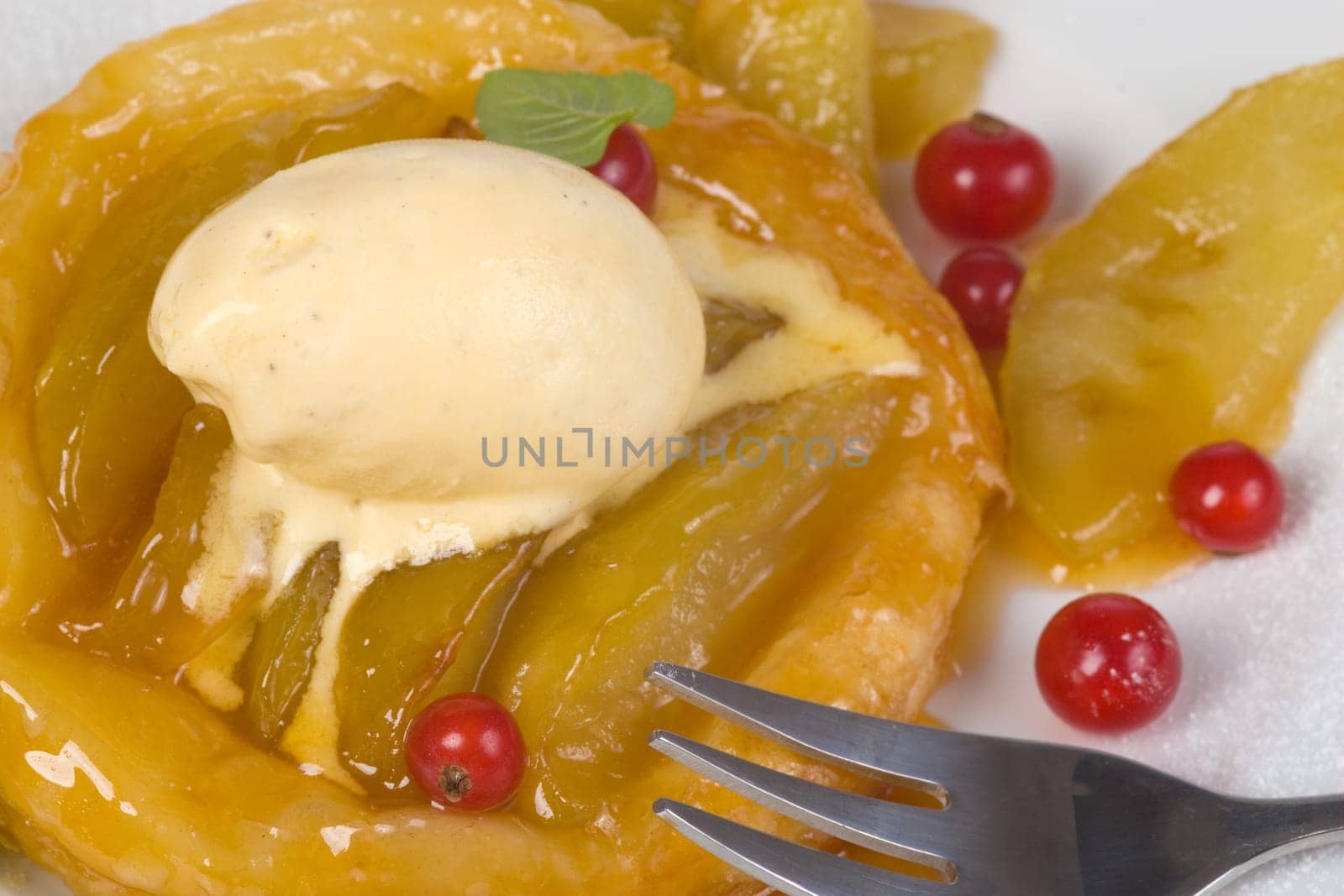 Vanilla ice cream on apple