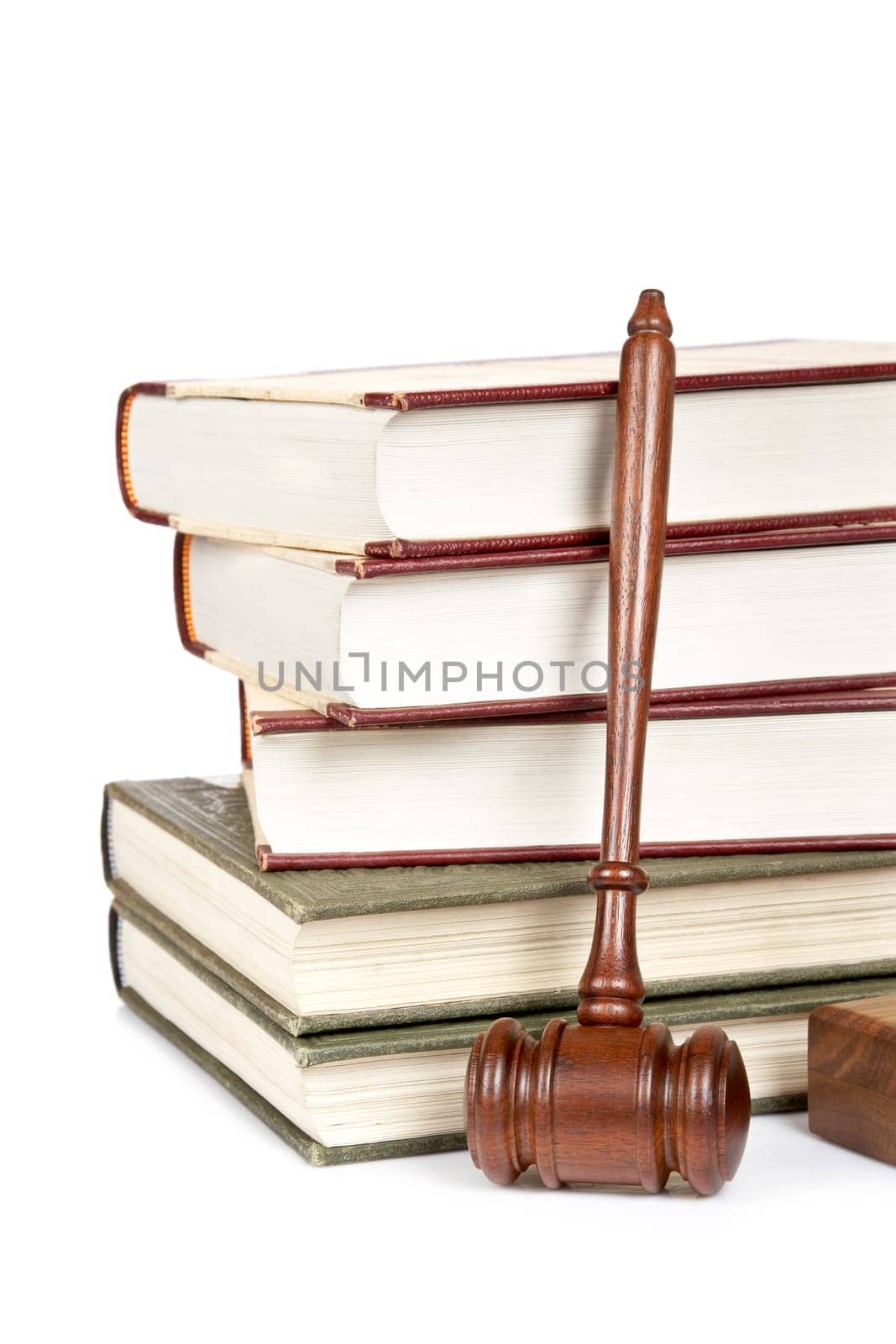 Wooden gavel and law books