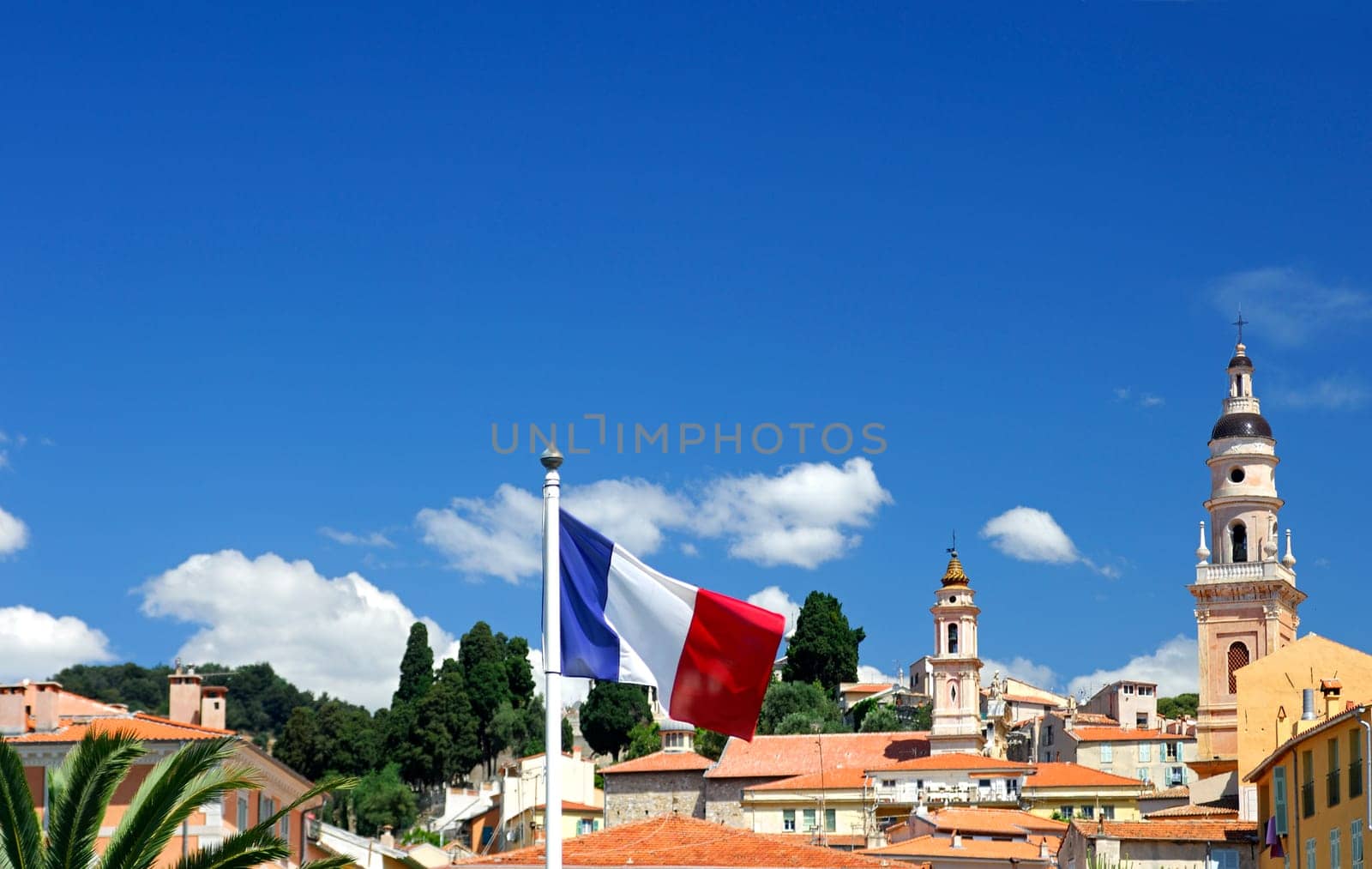The tricolor,the French national flag,in front of a small-town backdrop,Men