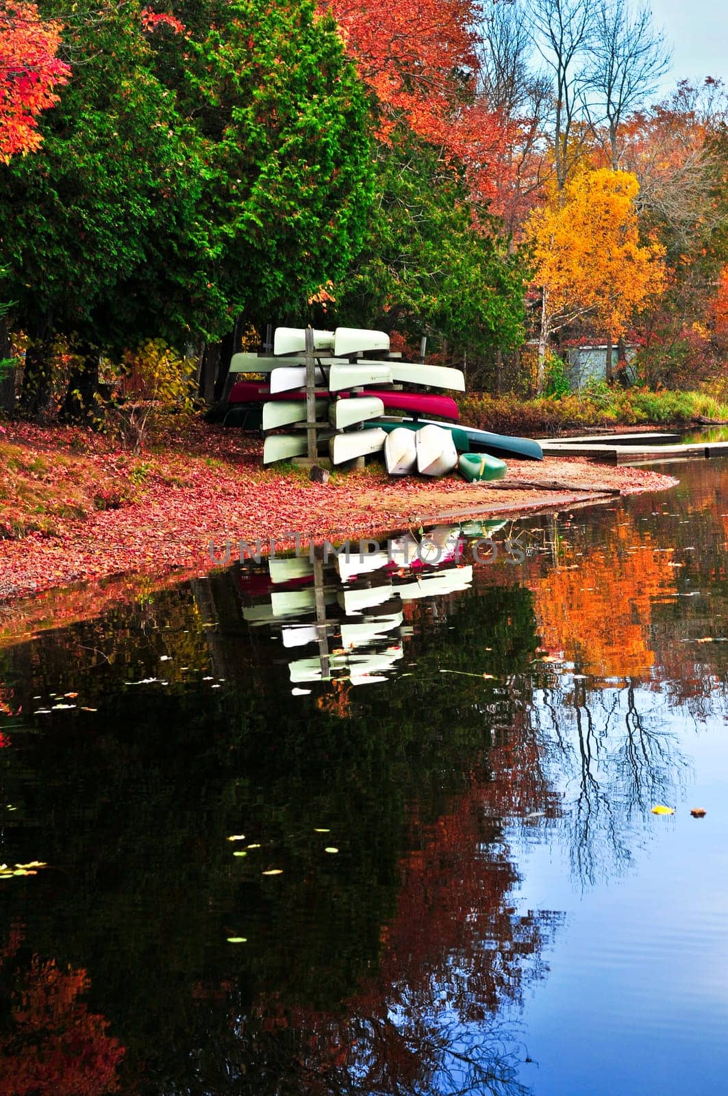 Fall forest reflections with canoes