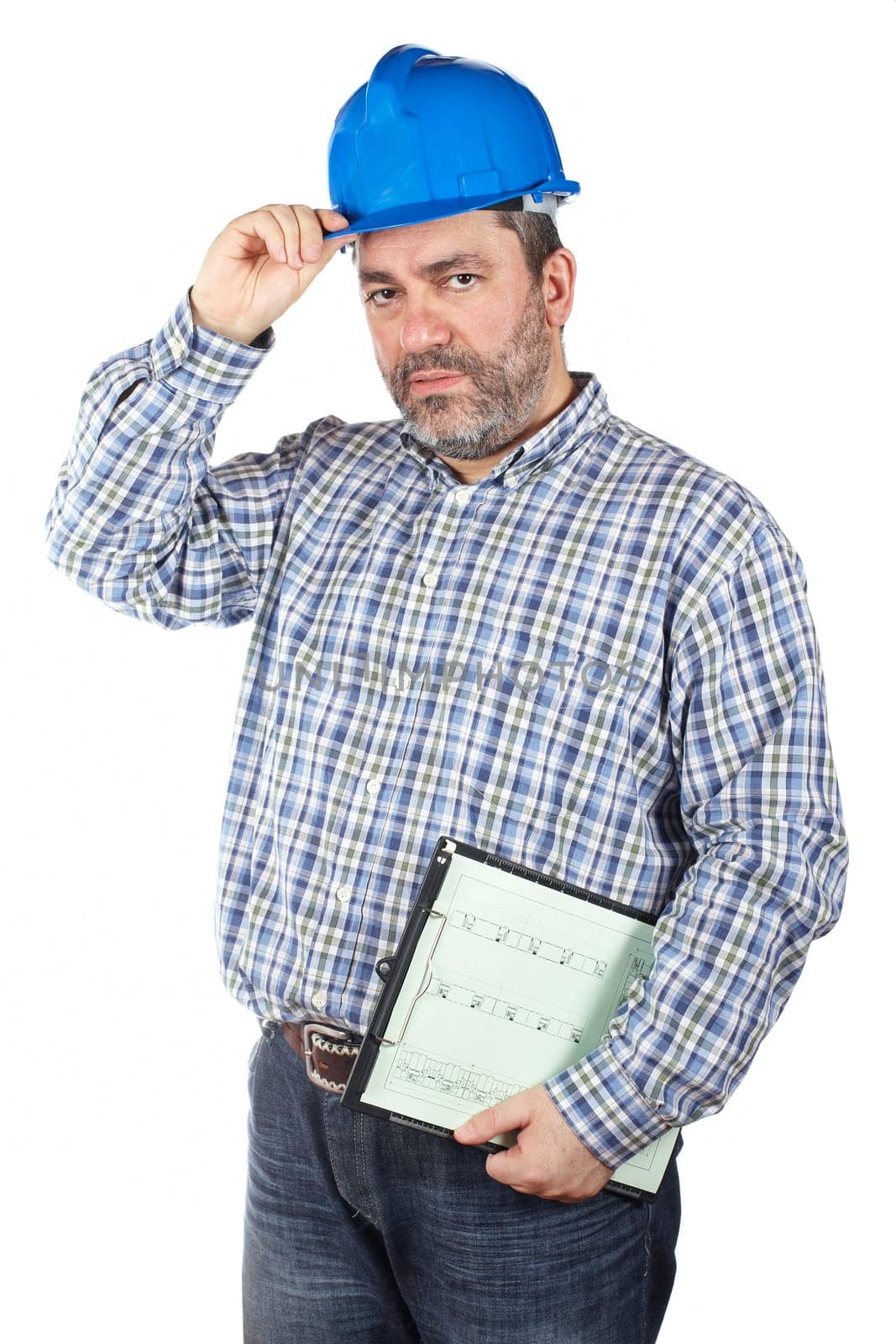 Construction worker holding blueprints