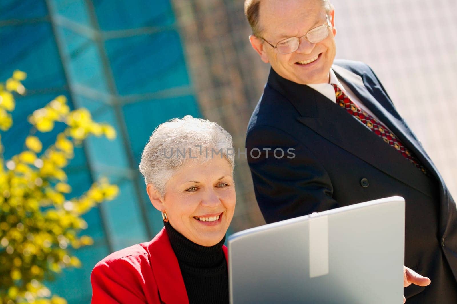 Two business people looking at a laptop