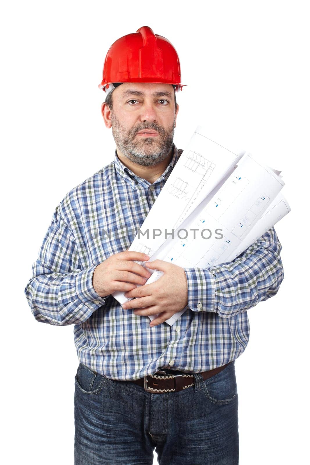 Construction worker holding blueprints