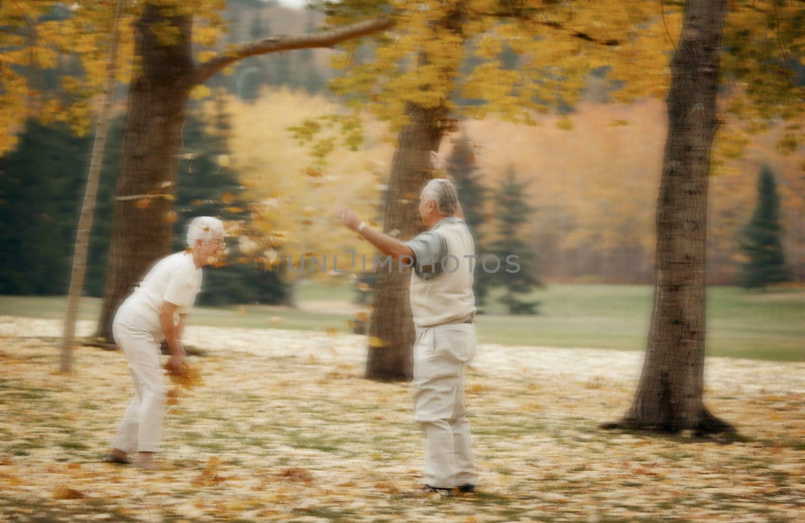 Couple throw leaves at each other