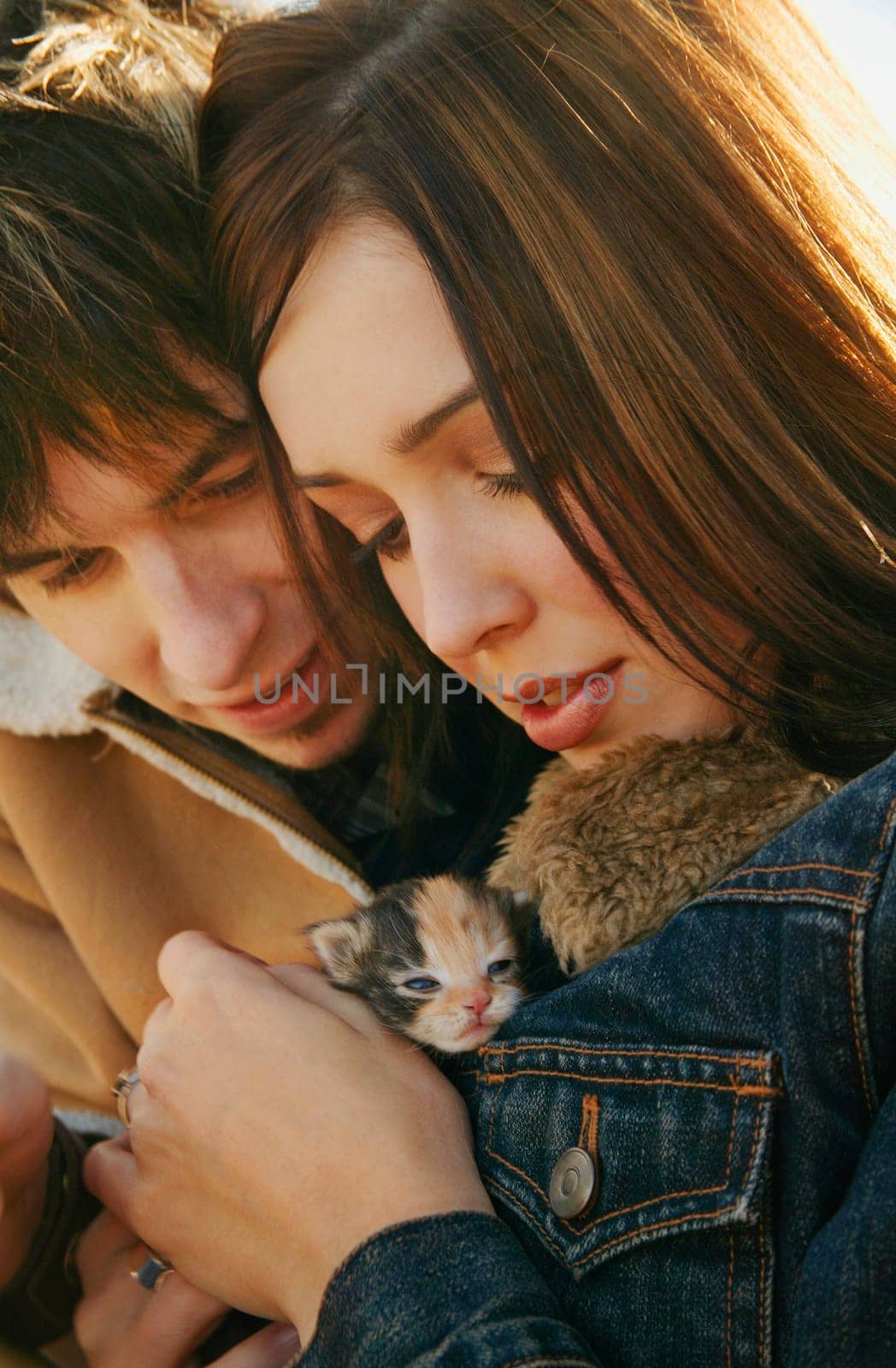 Couple cuddle a kitten