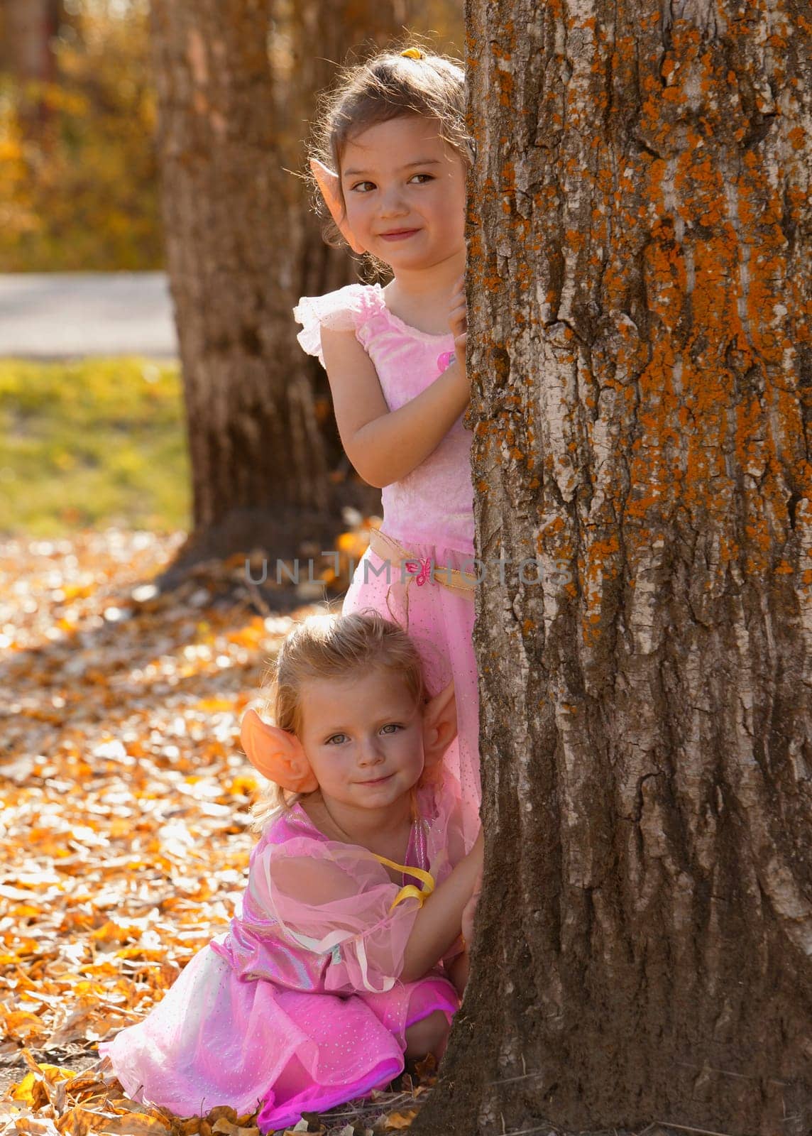 Two little fairy girls in the Autumn forest