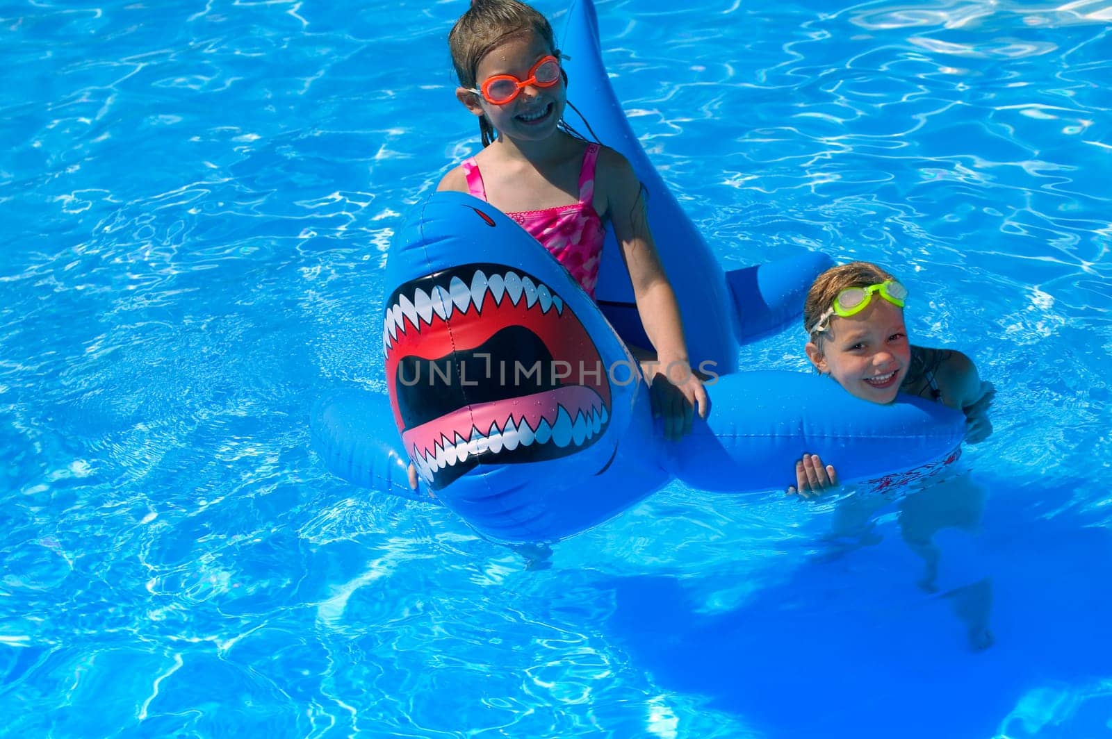 Girls playing in swimming pool with inflatable shark